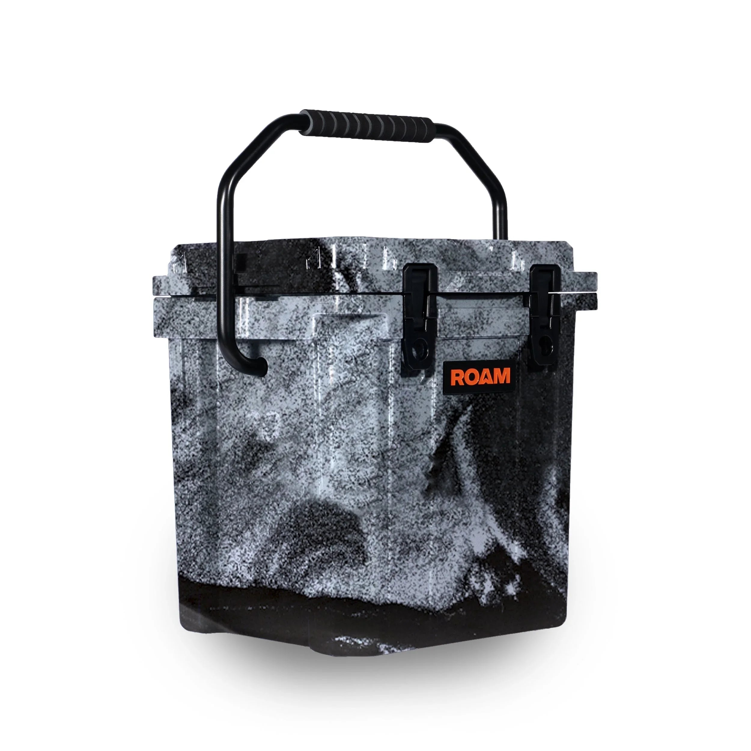 Black and white marble-patterned hard cooler with sturdy handle and dual latches for camping.