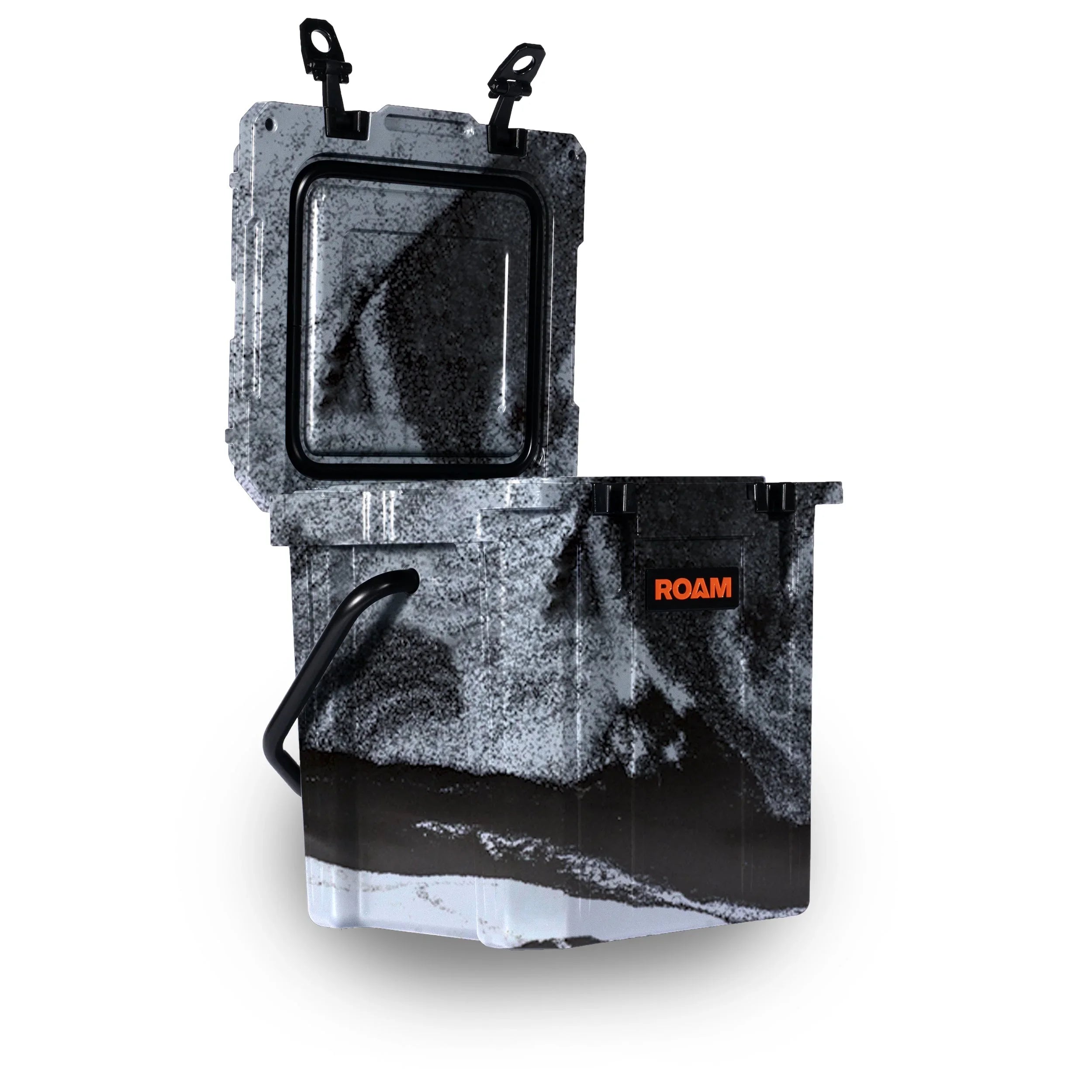 20L tall black and white marble-patterned overland storage box with open lid and side handle