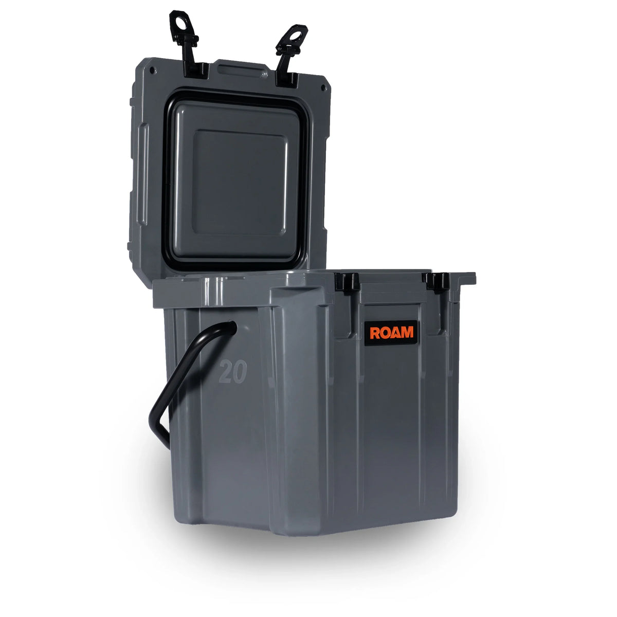 Gray 20L overland storage case with open hinged lid and side handle, labeled ROAM.