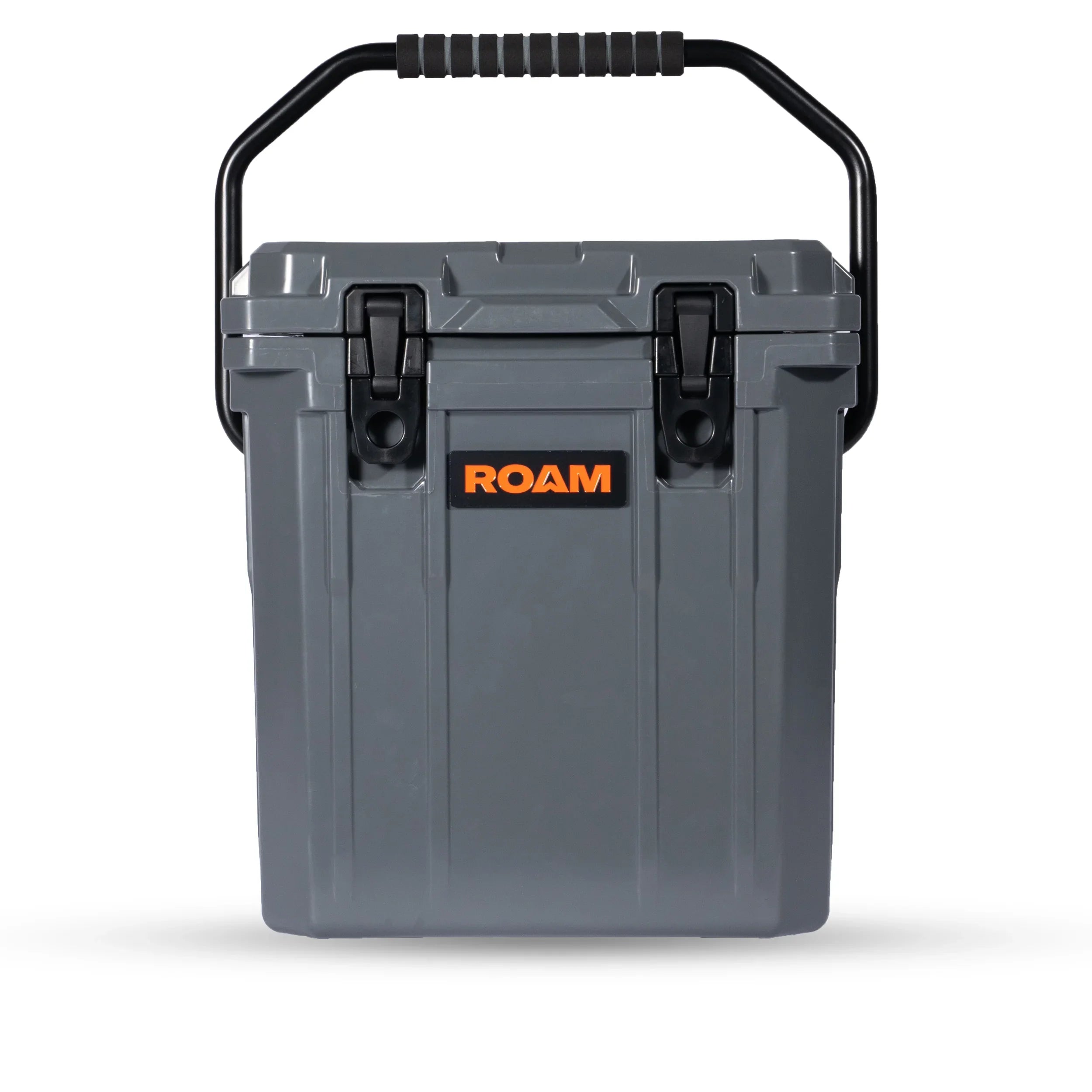 Gray rugged portable cooler with ROAM logo, heavy-duty handle, and dual latches for camping