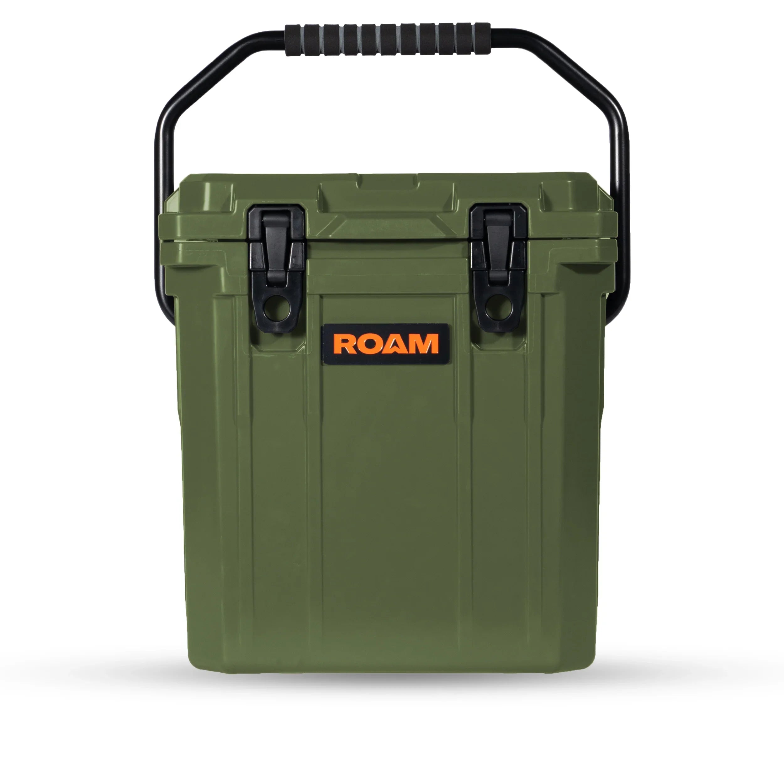 Olive green hard cooler with ROAM logo, portable handle, front view, outdoor camping gear