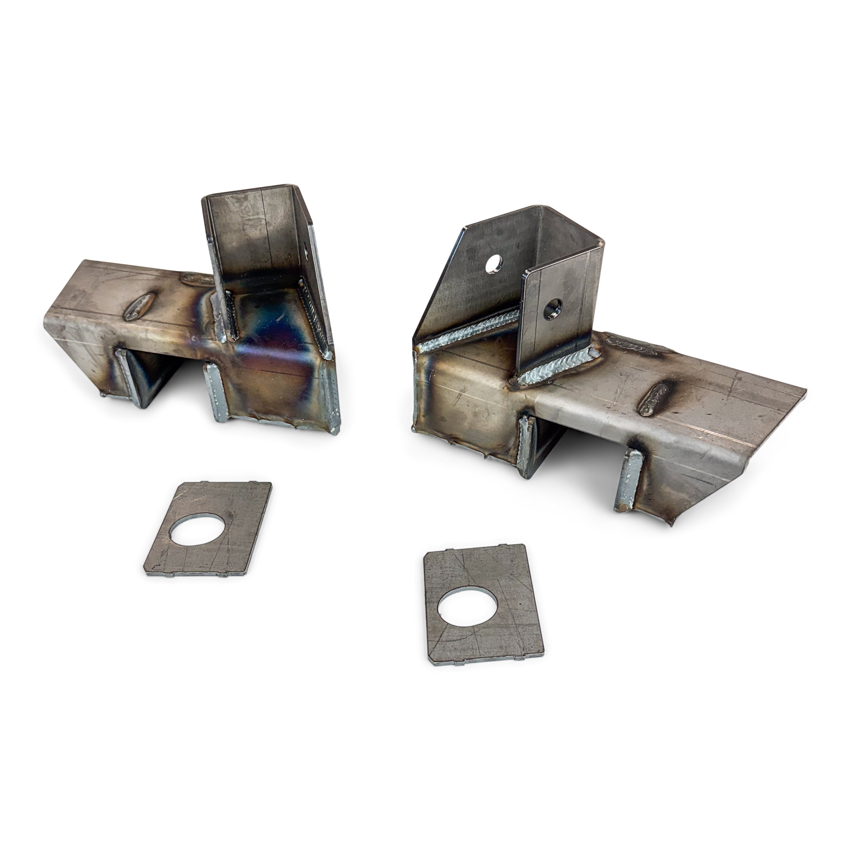 Welded steel mounting brackets with holes, compatible with vehicle overlanding gear