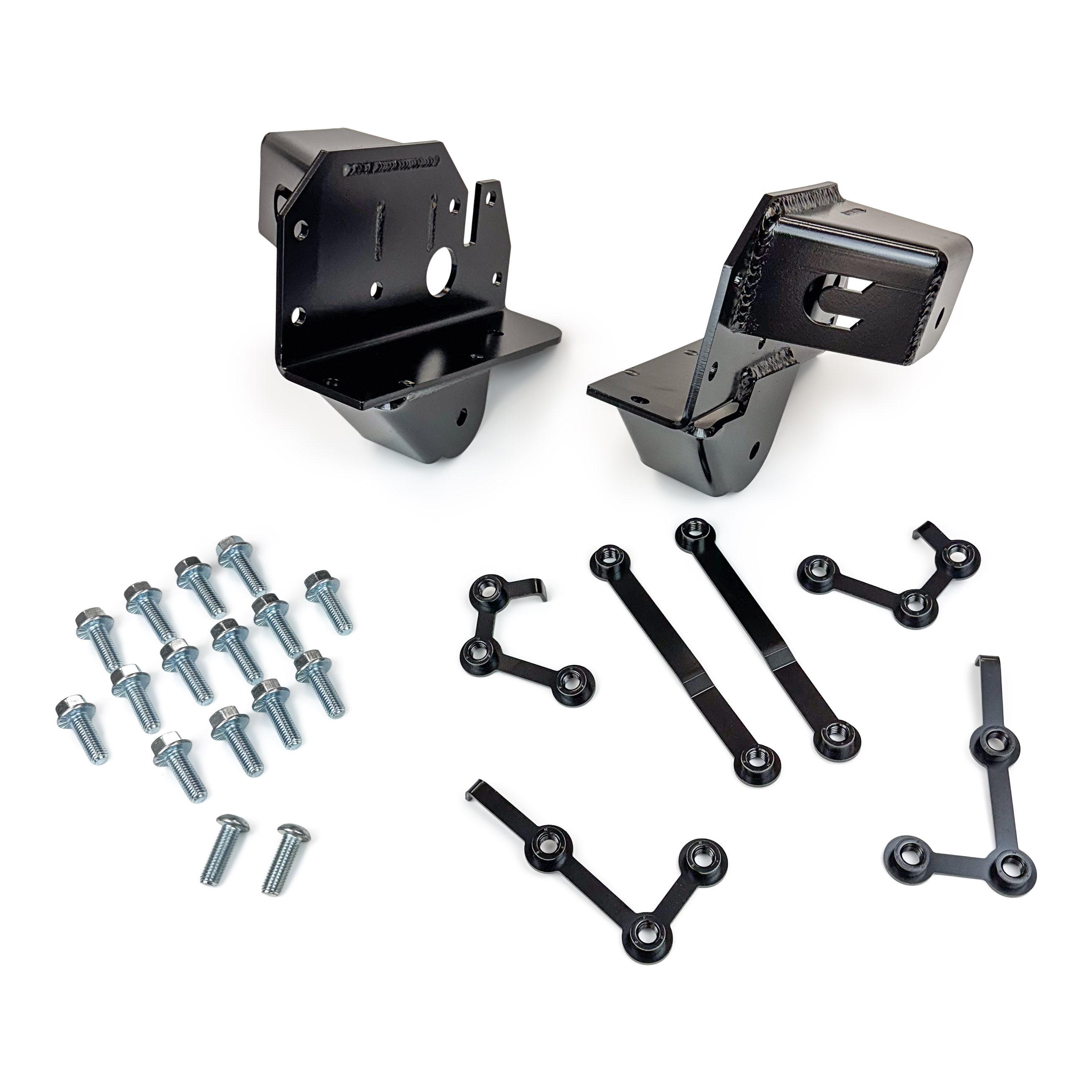 Heavy-duty black metal vehicle mounting brackets with bolts and hardware for off-road accessories.