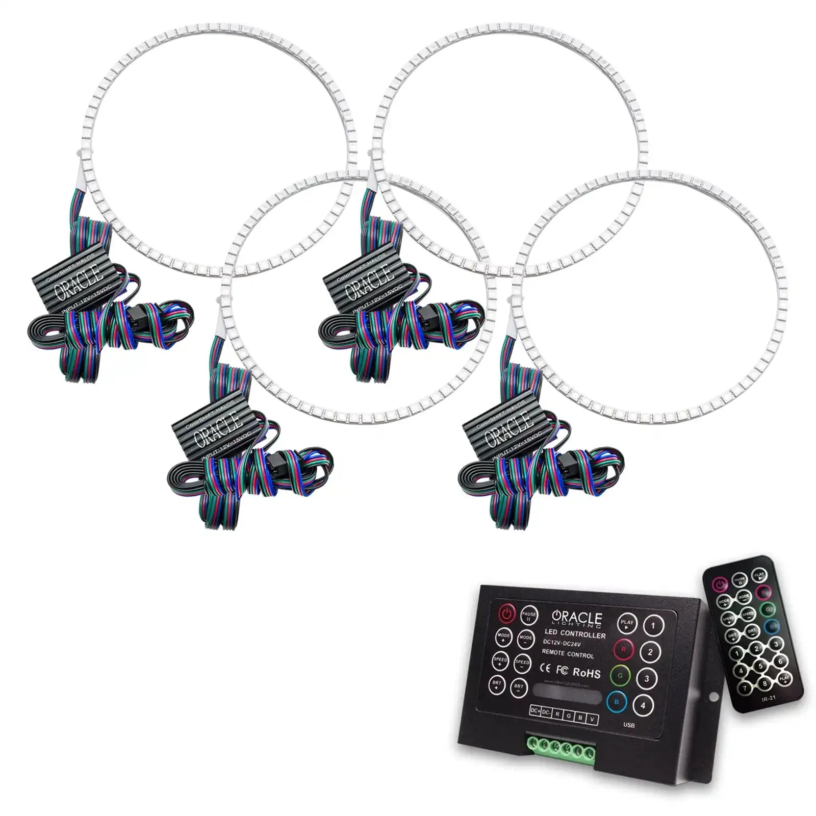 LED halo ring light kit with wiring, controller, and remote for vehicle headlights