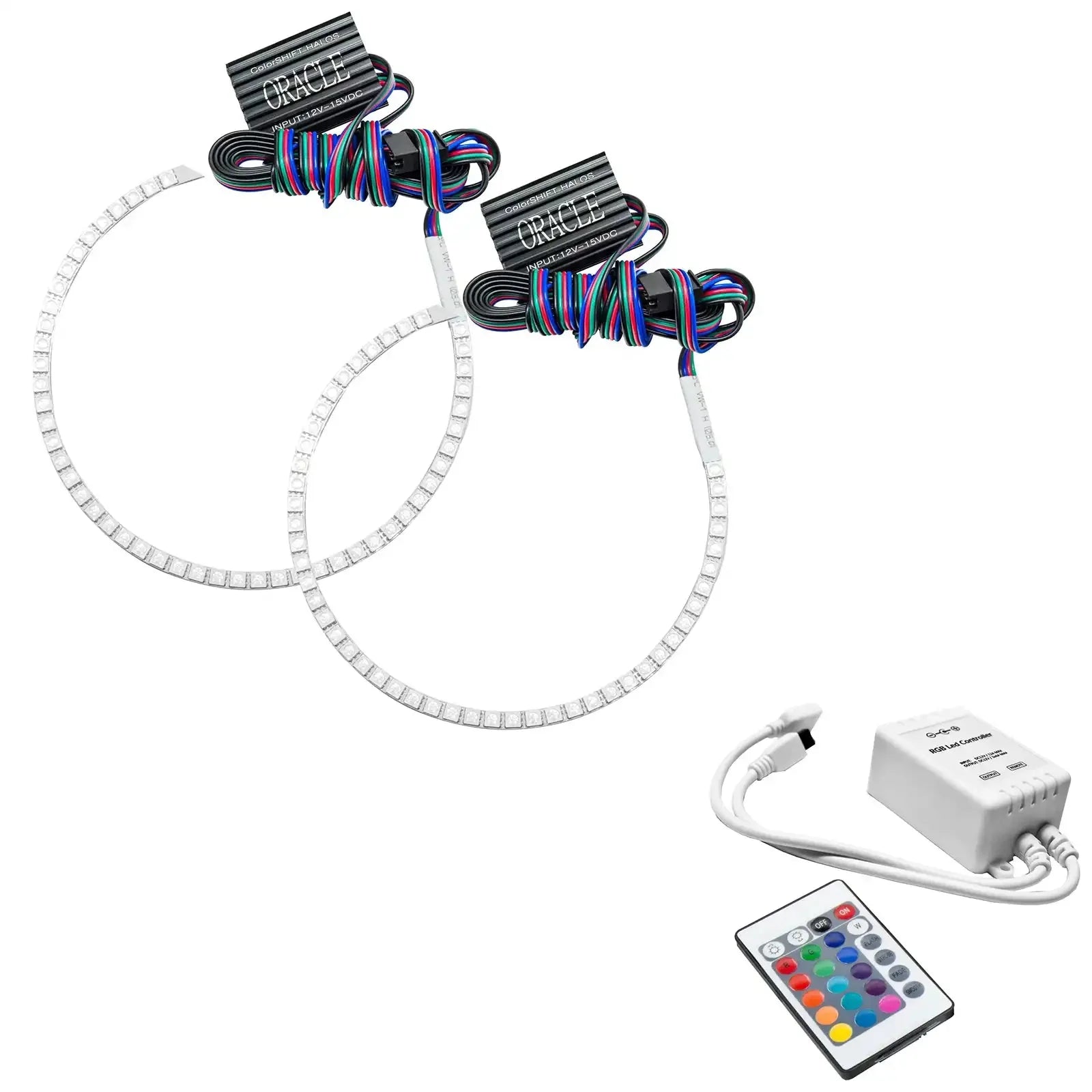LED halo ring light kit with multicolor remote control and wiring for vehicle headlights