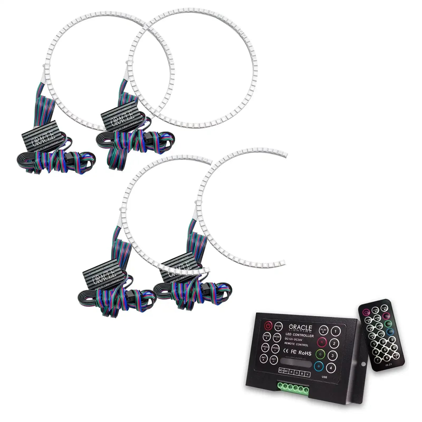 LED halo ring headlight kit with wiring, control box, and remote for vehicle lighting upgrade
