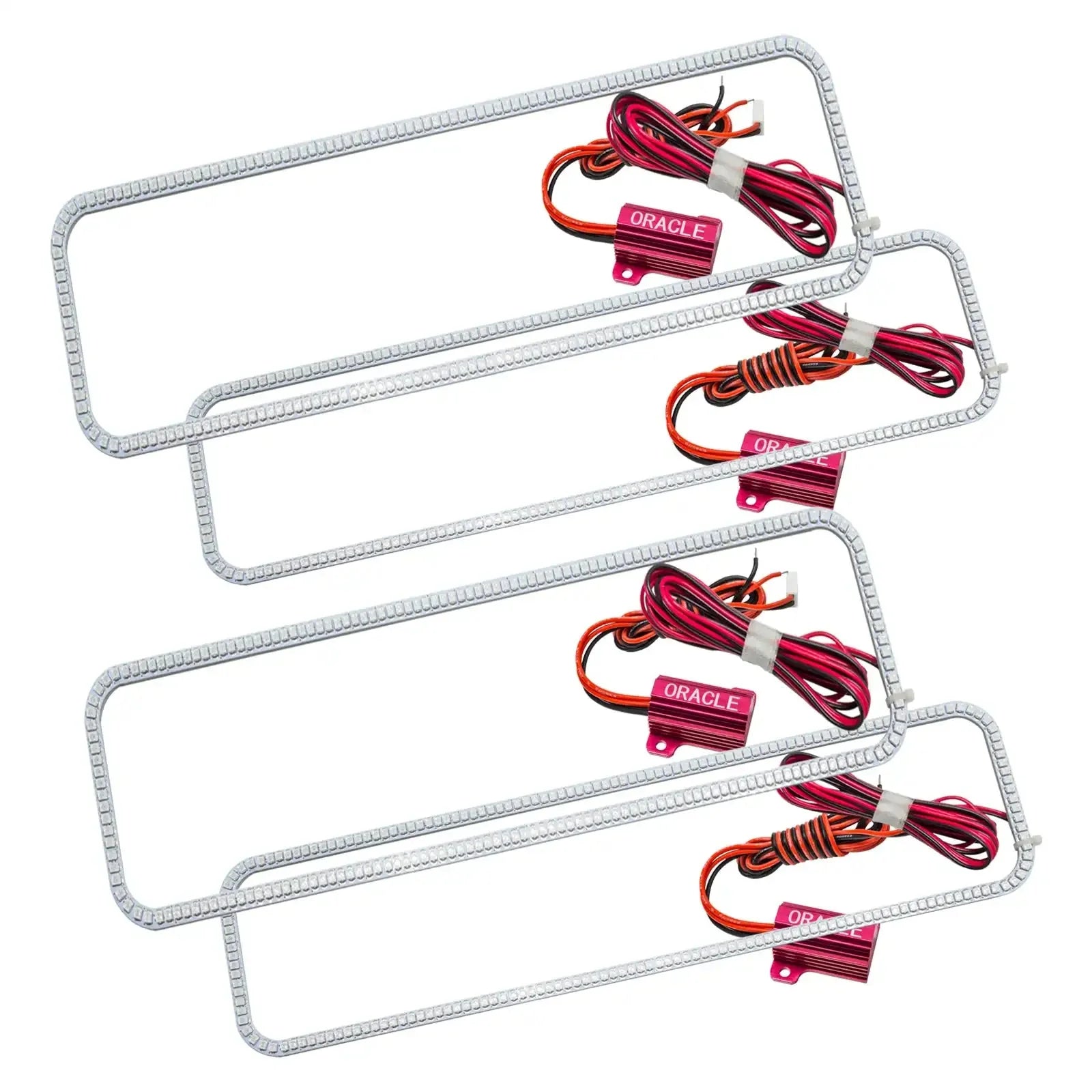 Set of four LED light strips with wiring harness for vehicle license plate frames