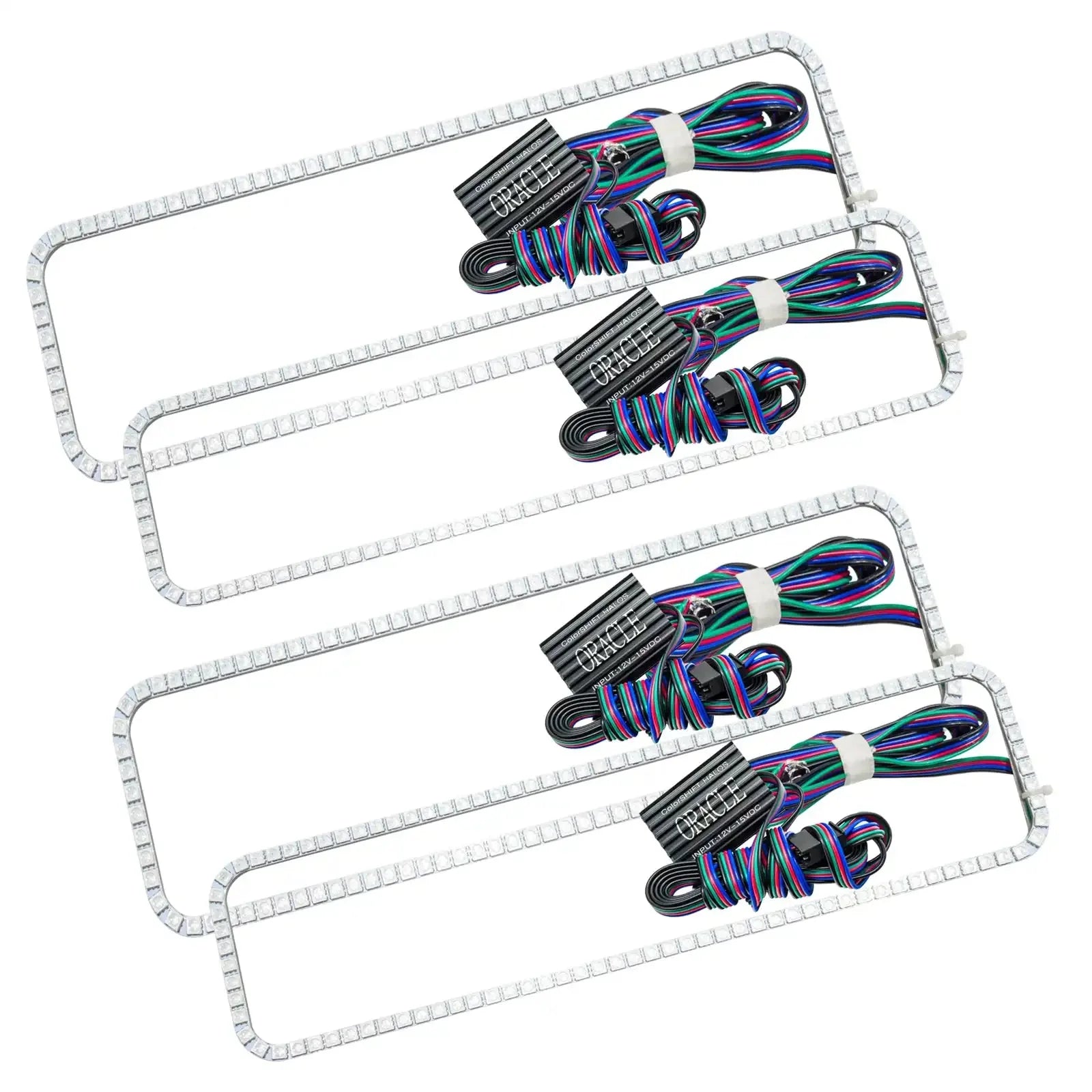 Set of four rectangular LED light strips with attached wiring for off-road vehicle lighting.