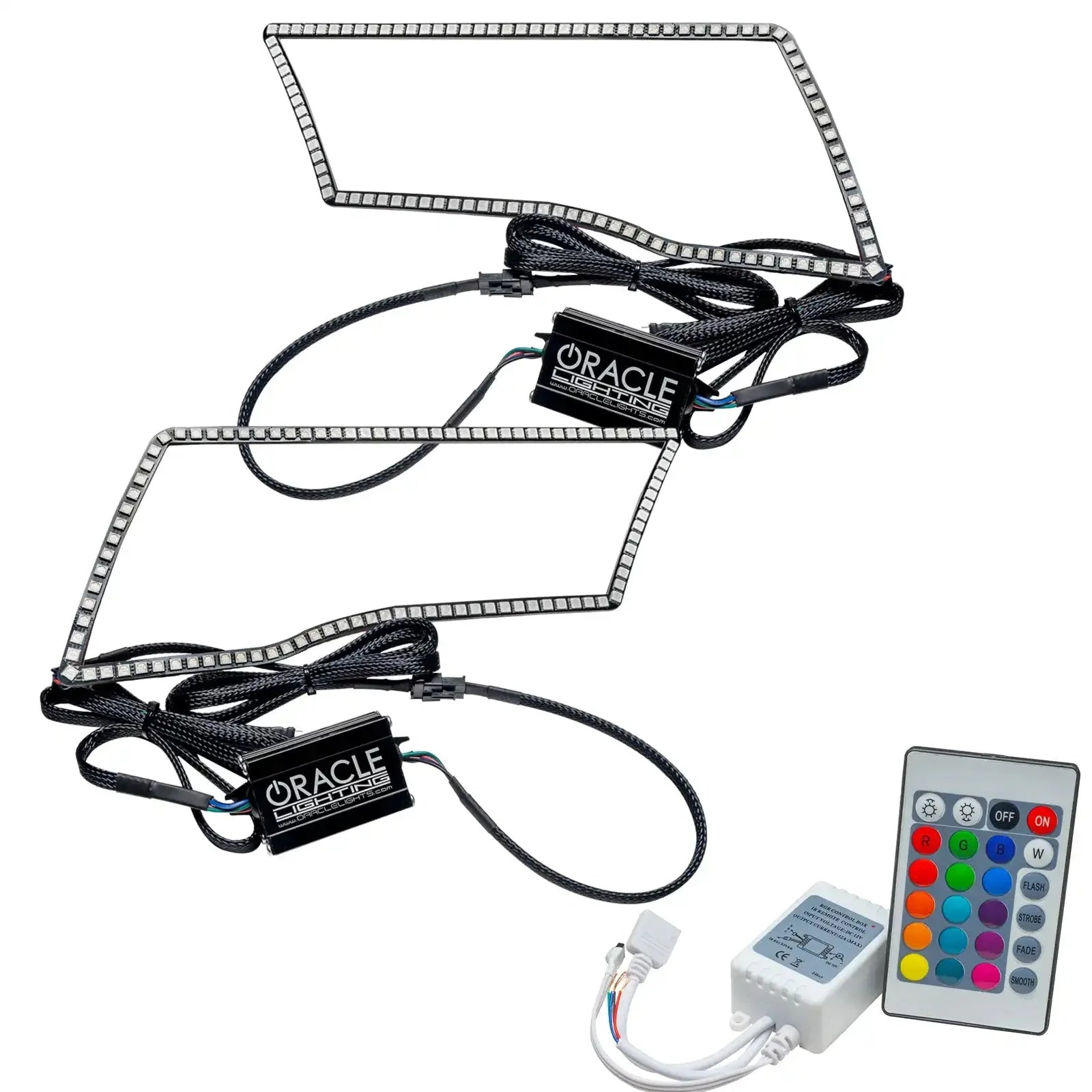 Pair of LED headlight halo kits with wiring and remote control for vehicle lighting upgrade