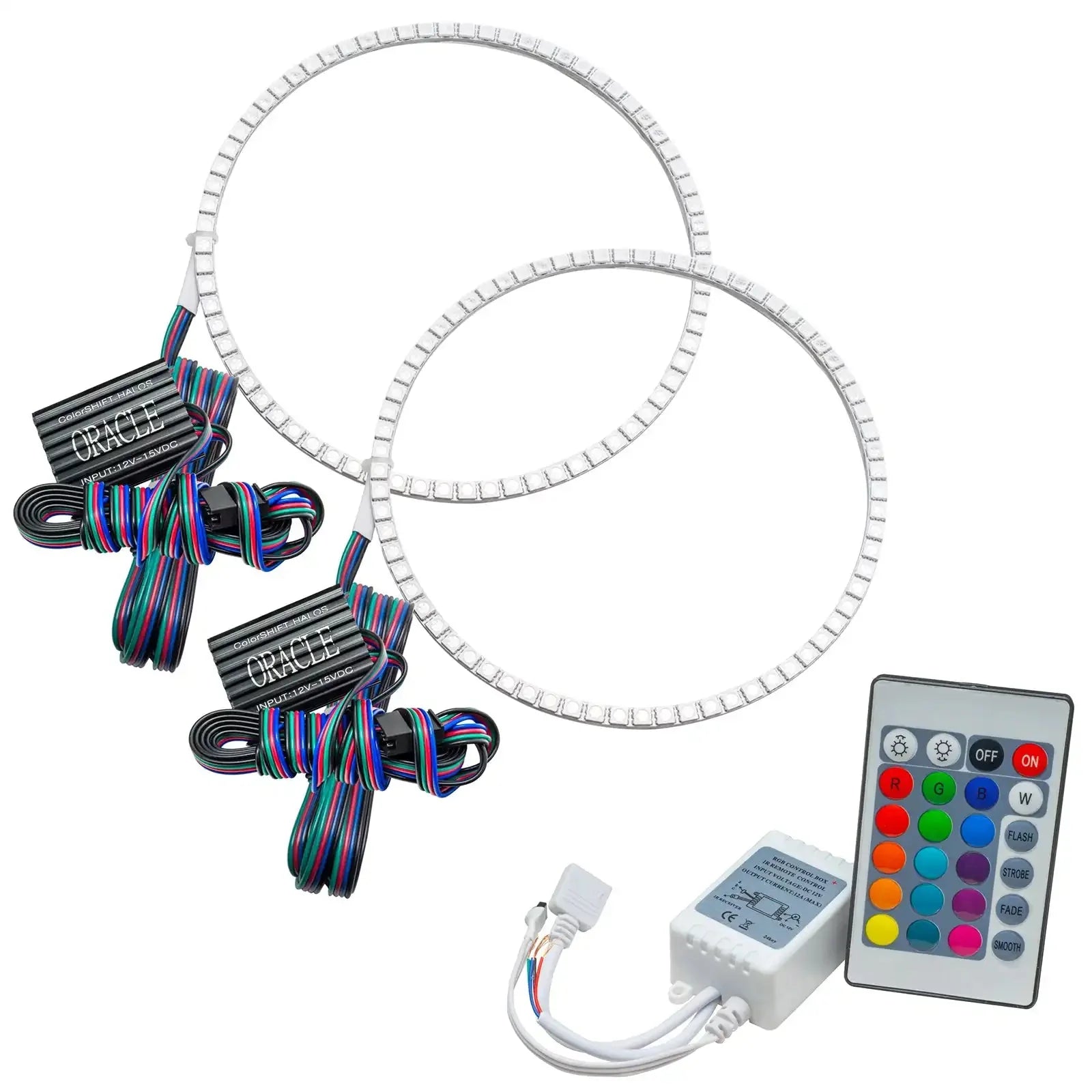RGB LED halo ring headlight kit with wiring, controller, and remote for off-road vehicles