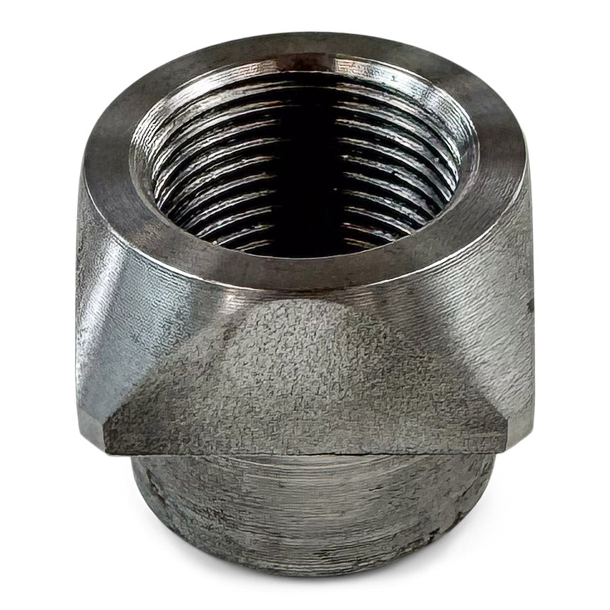 Close-up of a metal hex nut with internal threading for vehicle accessory installation
