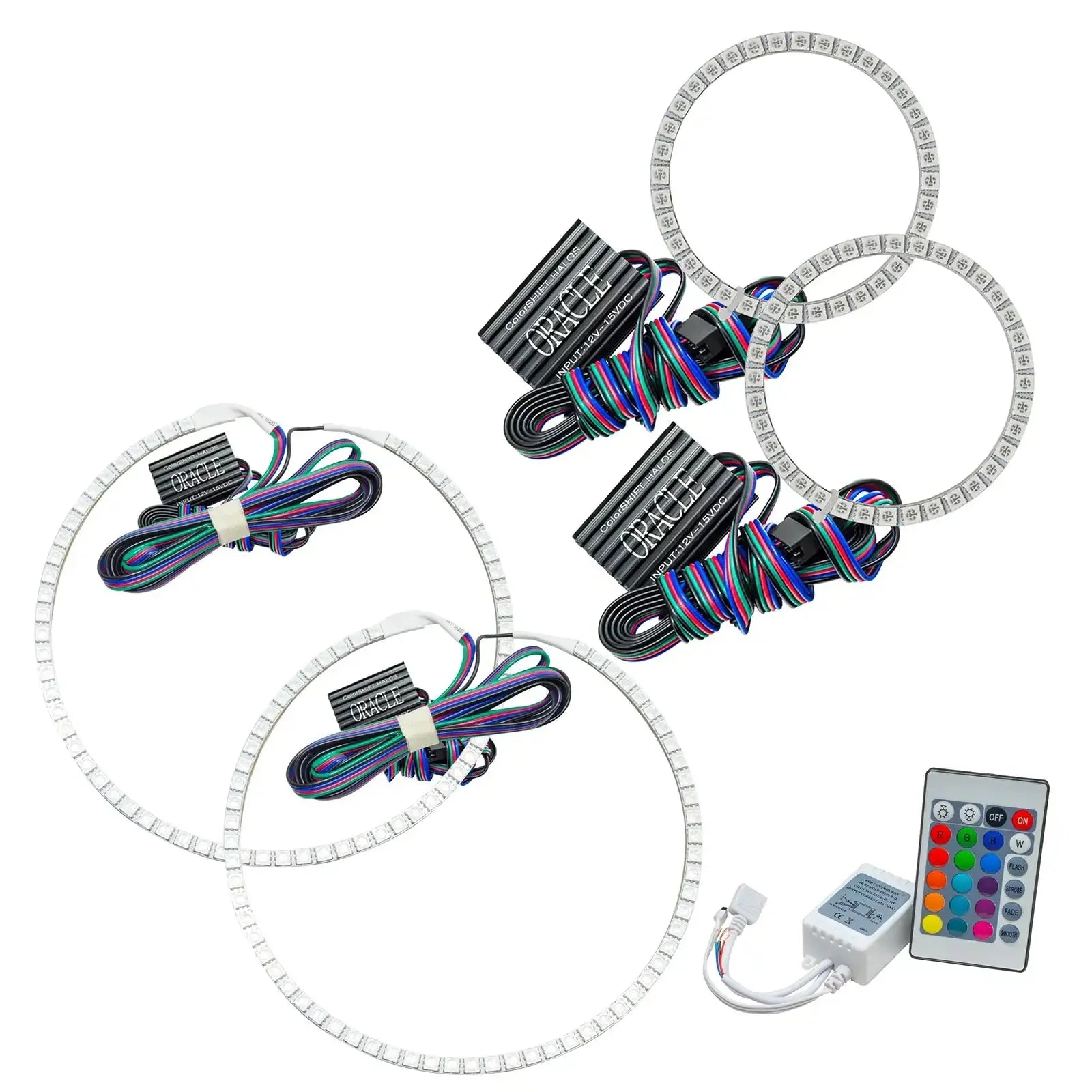 LED halo ring lights kit with wiring, controllers, and remote for vehicle headlights