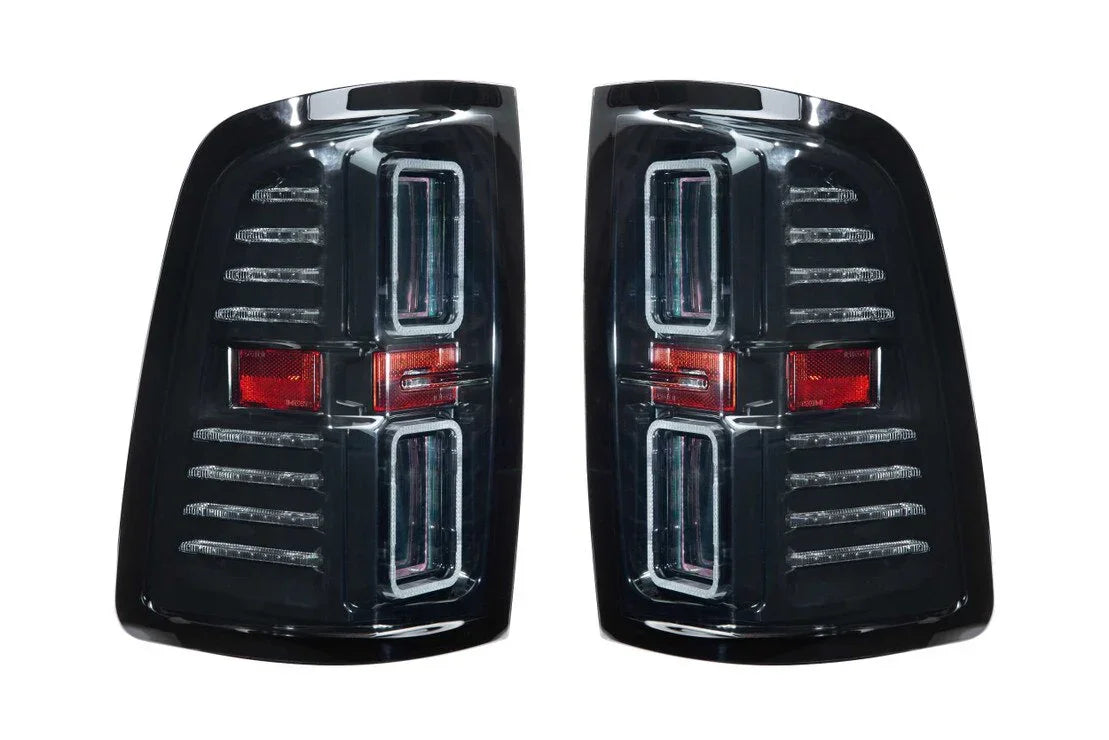 Pair of LED smoked tail lights for Toyota Tundra, modern black housing with red accents