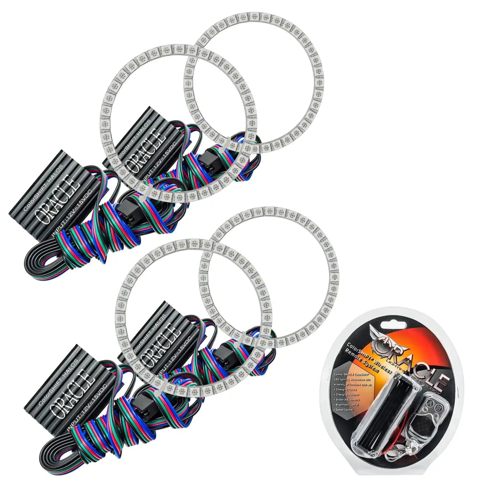 LED RGB halo ring kit with wiring and remote for off-road vehicle headlights