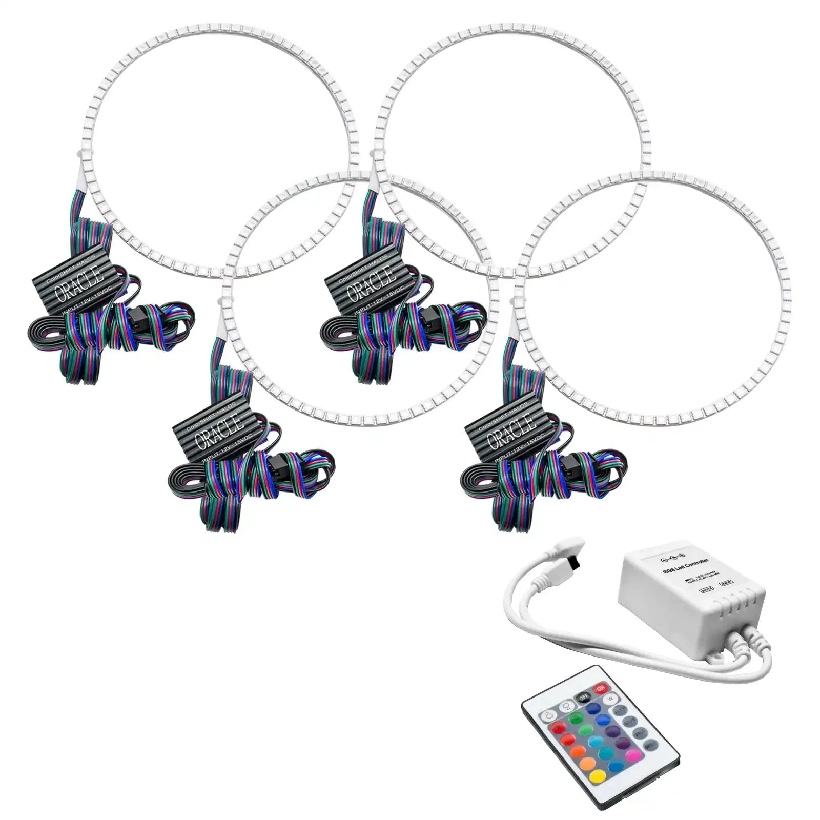 RGB LED halo ring light kit with remote and wiring for vehicle headlights