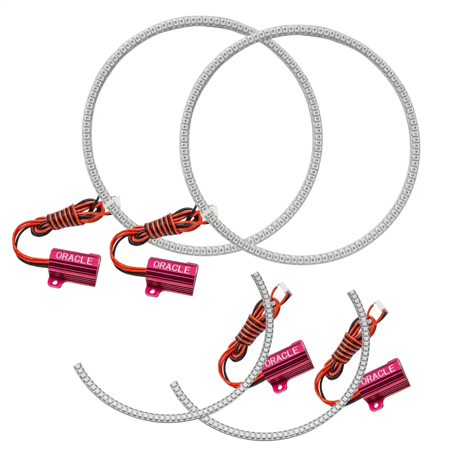 LED halo ring lights with wiring and red controllers for vehicle headlights