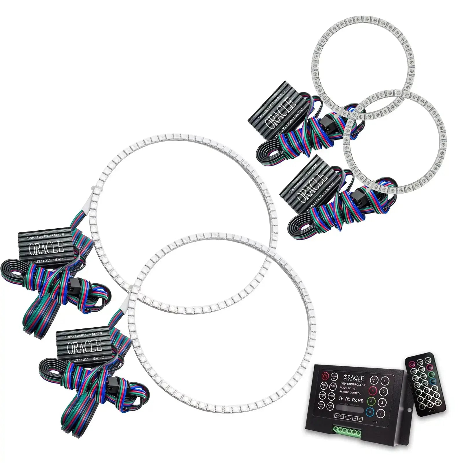 Off-road vehicle halo LED headlight ring kit with control box and remote, wiring included