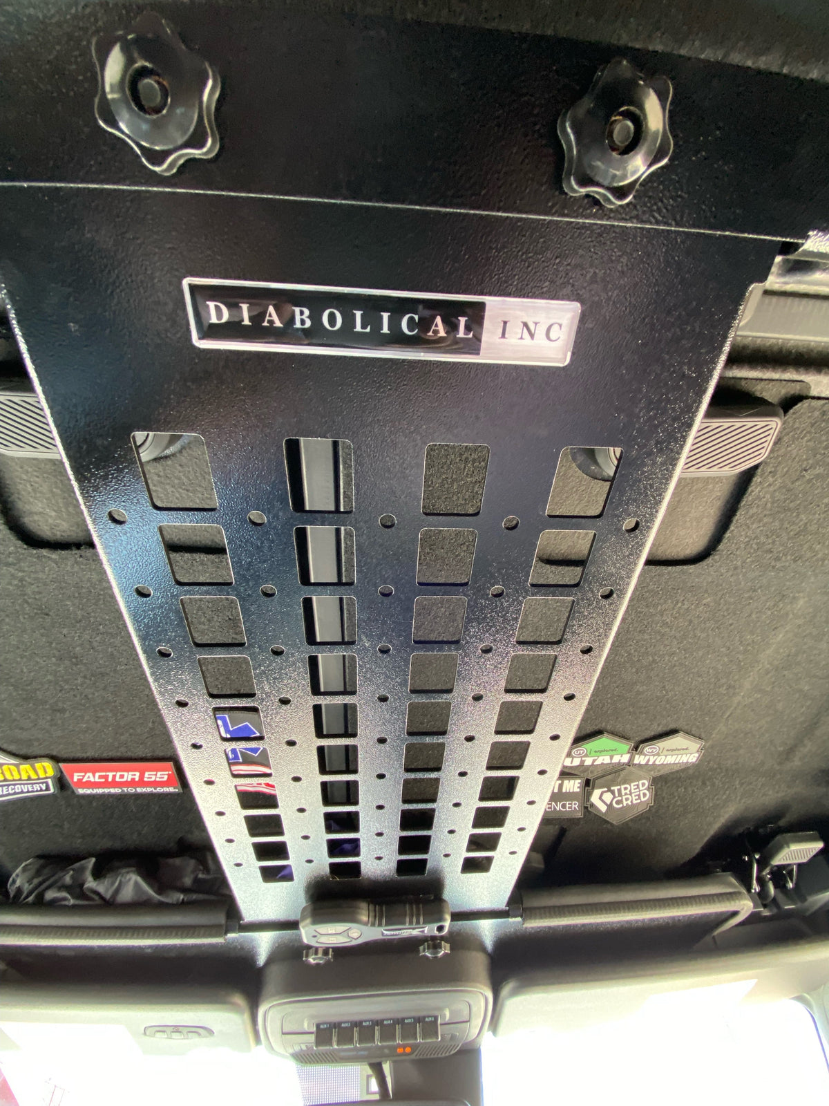 Diabolical Inc Bronco Spine overhead storage installed in a Ford Bronco