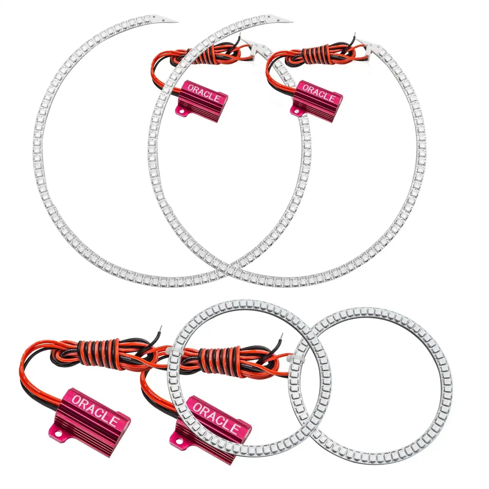 LED halo headlight ring kit with wiring and red modules for vehicle lighting upgrades