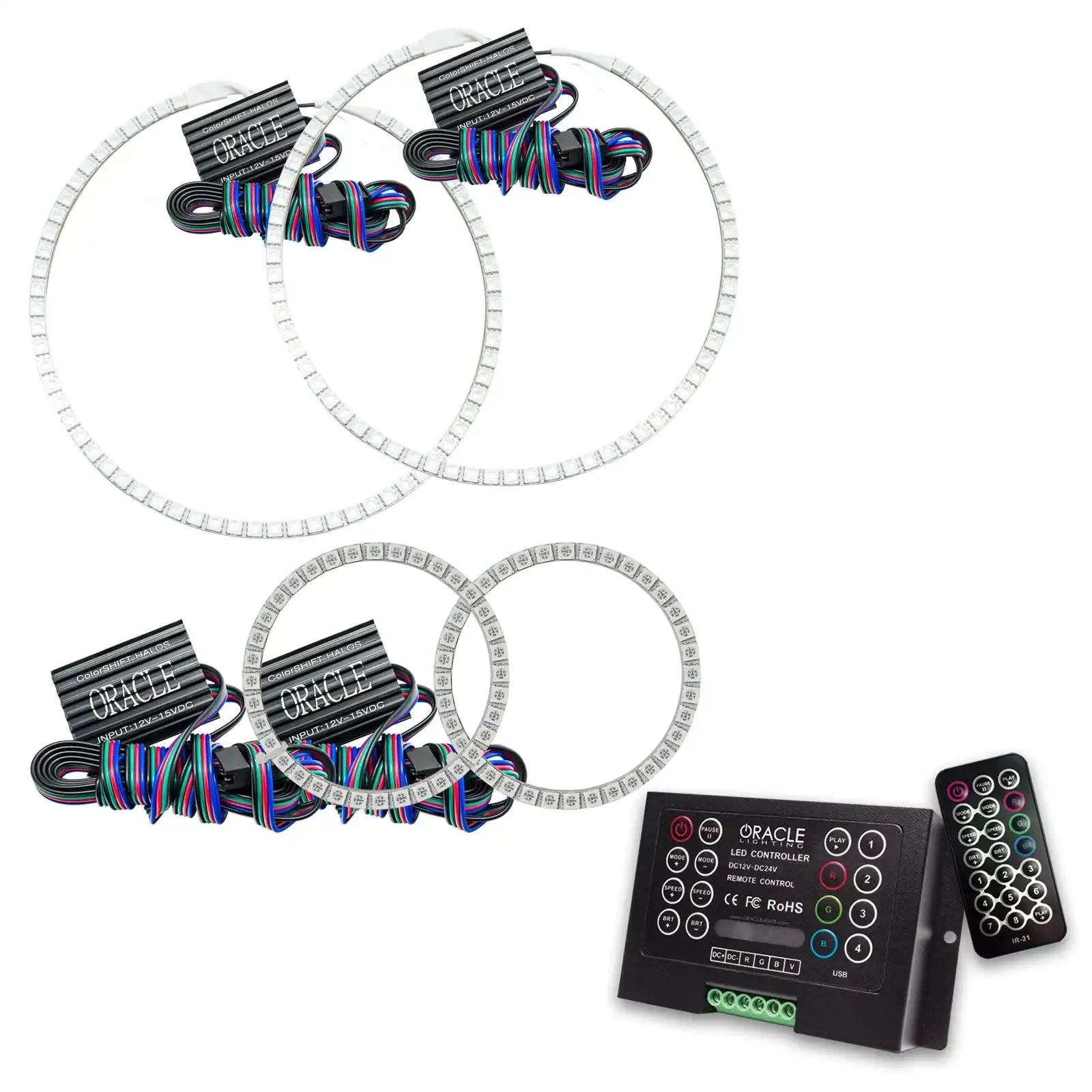 LED halo ring light kit with wiring, controllers, and remotes for vehicle headlights