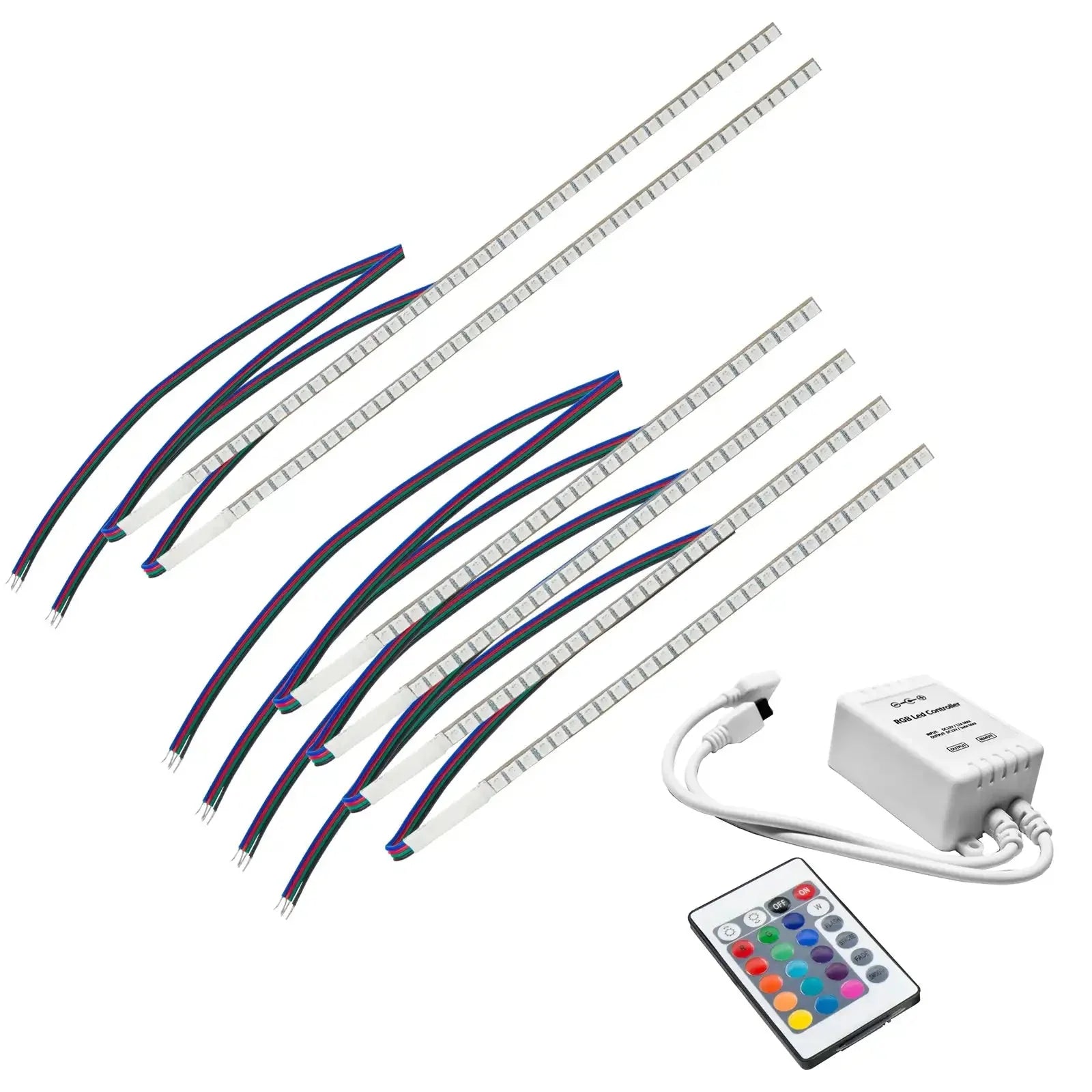 RGB LED light strip kit with remote control and wiring for vehicle interior lighting
