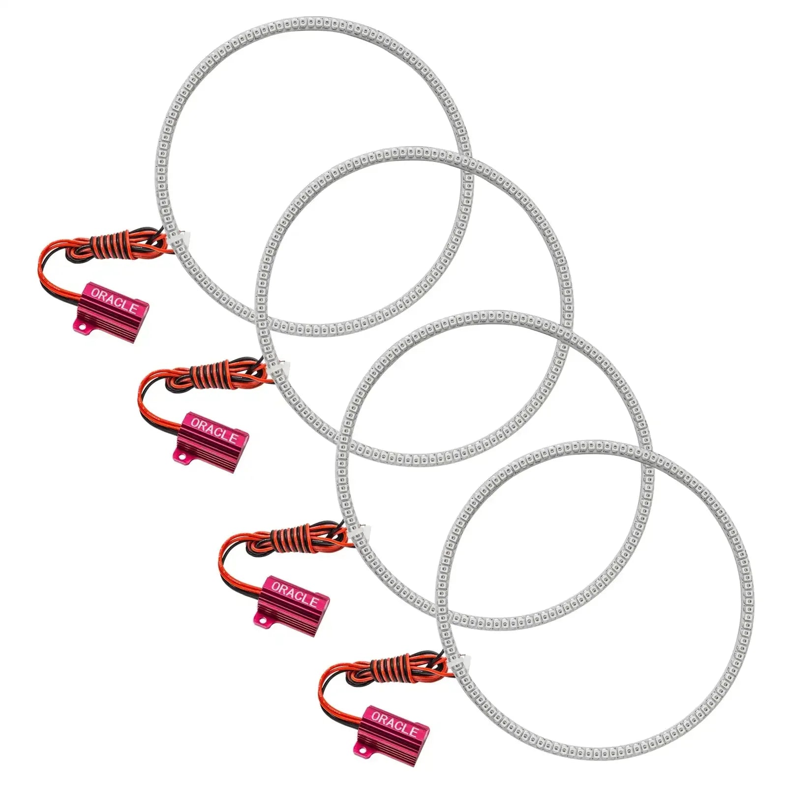 Set of four LED halo ring lights with wiring, suitable for vehicle headlights and upgrades