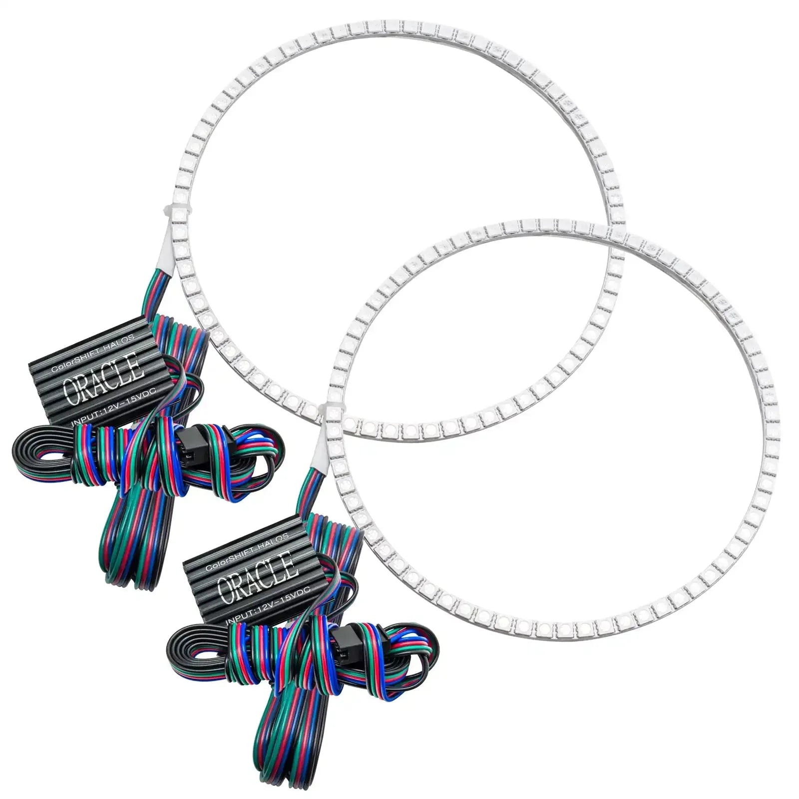 Pair of LED halo headlight rings with wiring, suitable for off-road vehicles and trucks