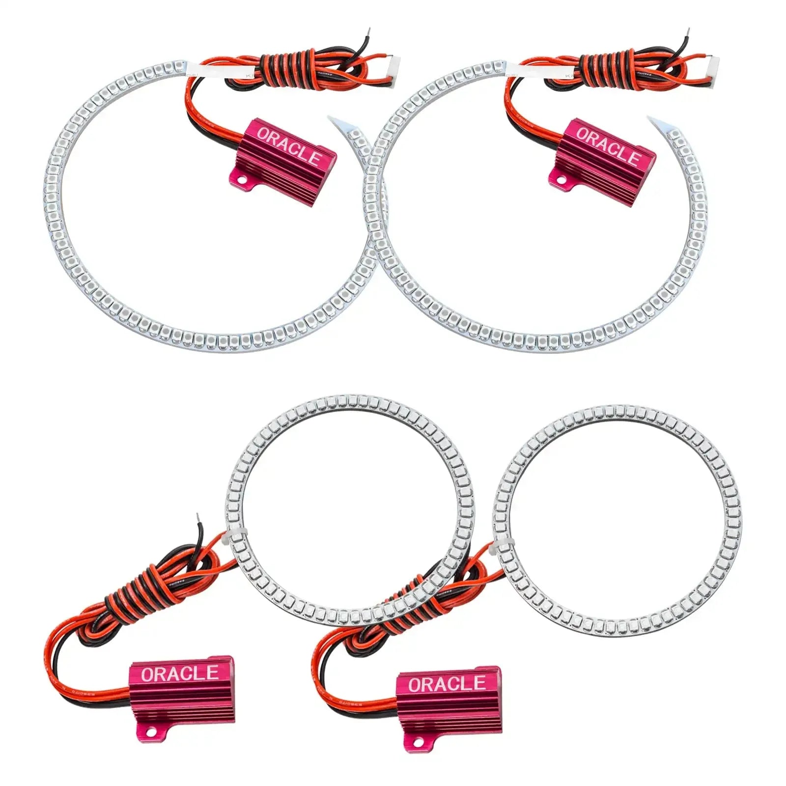 LED halo ring lights kit with wiring and pink ORACLE controllers for vehicle headlights