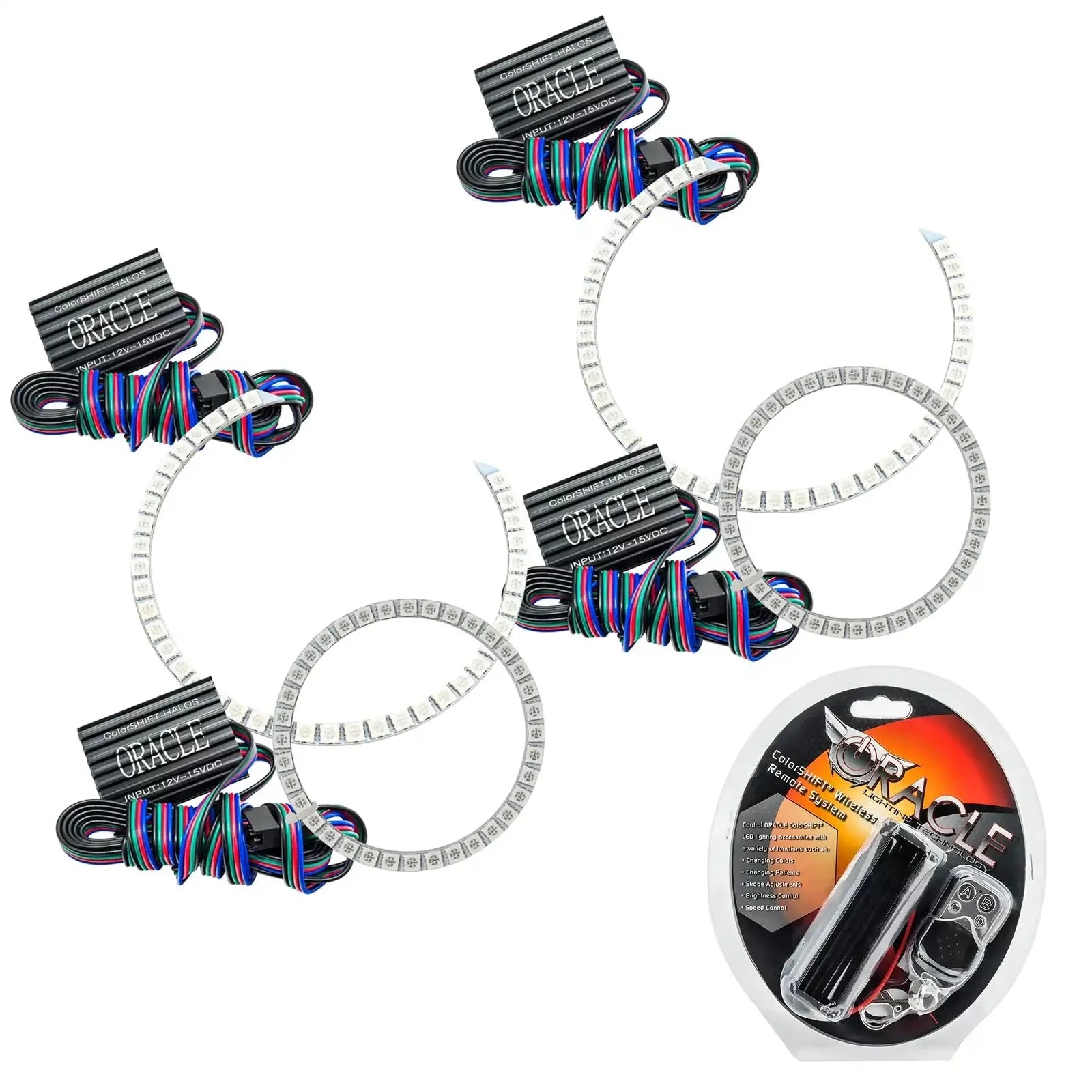 LED halo ring light kit with multicolor wiring and remote for vehicle headlights