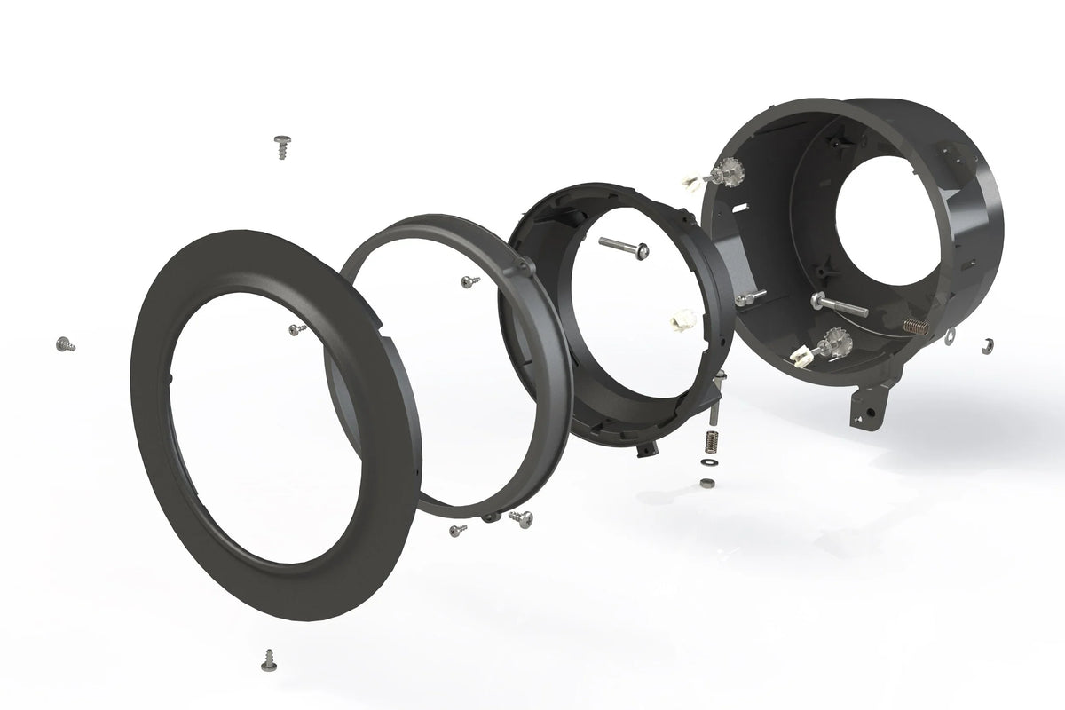 Exploded view of Jeep Wrangler JL 7-inch LED headlight adapter kit with screws and mounting rings