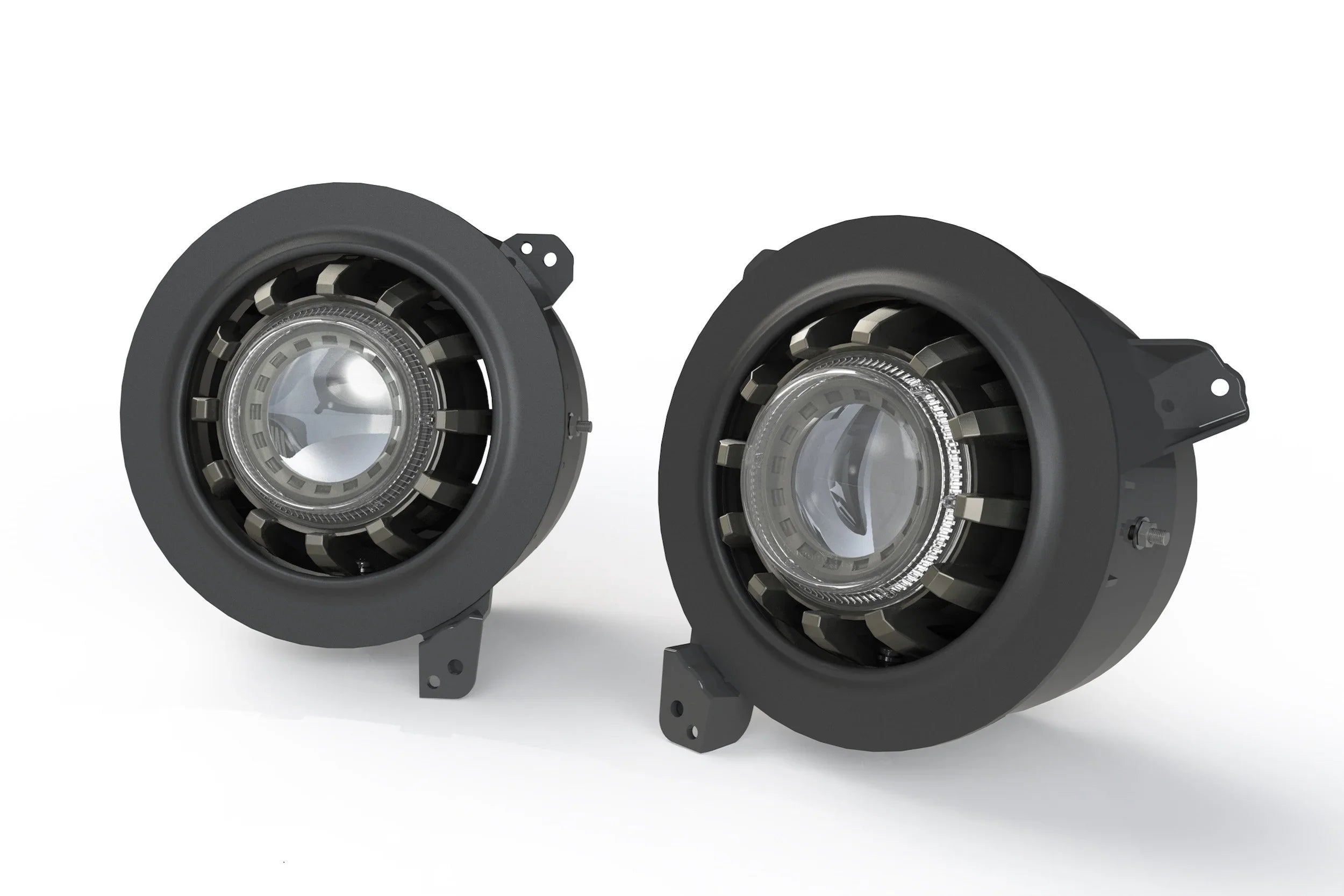 Pair of round black Jeep Wrangler JL 7" LED headlight adapters on white background