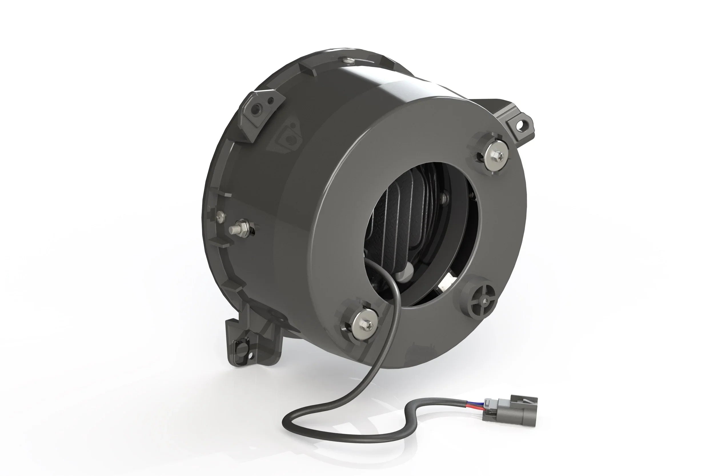 Jeep Wrangler JL 7-inch LED headlight adapter with wiring harness on white background