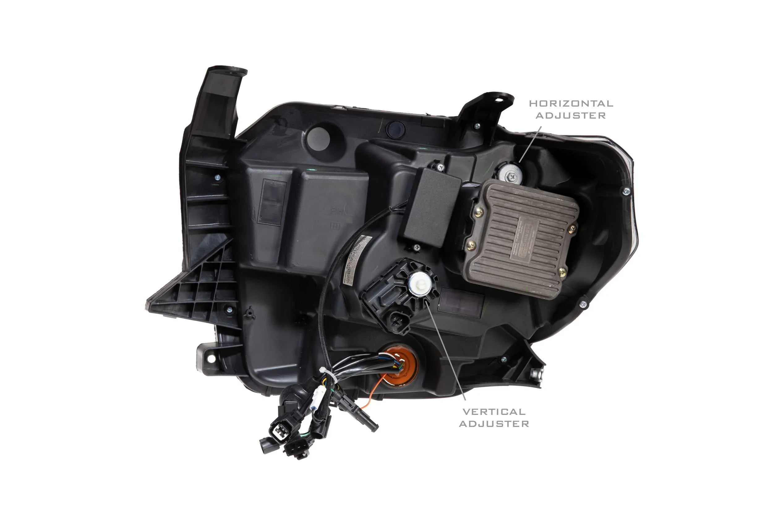 Rear view of Toyota Tundra LED headlight housing showing horizontal and vertical adjusters