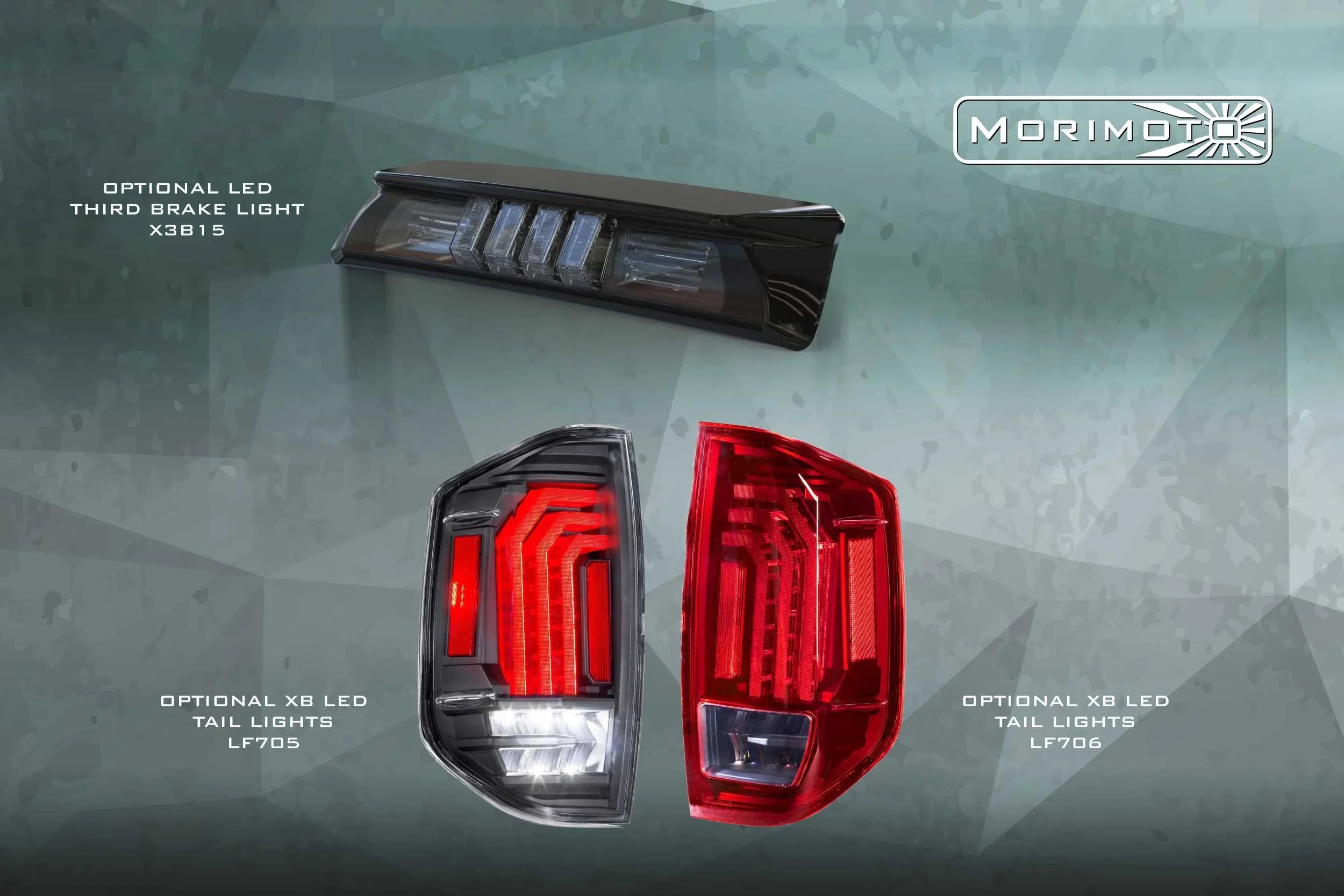 Toyota Tundra aftermarket XB LED tail lights LF705 LF706 and third brake light X3B15 on display