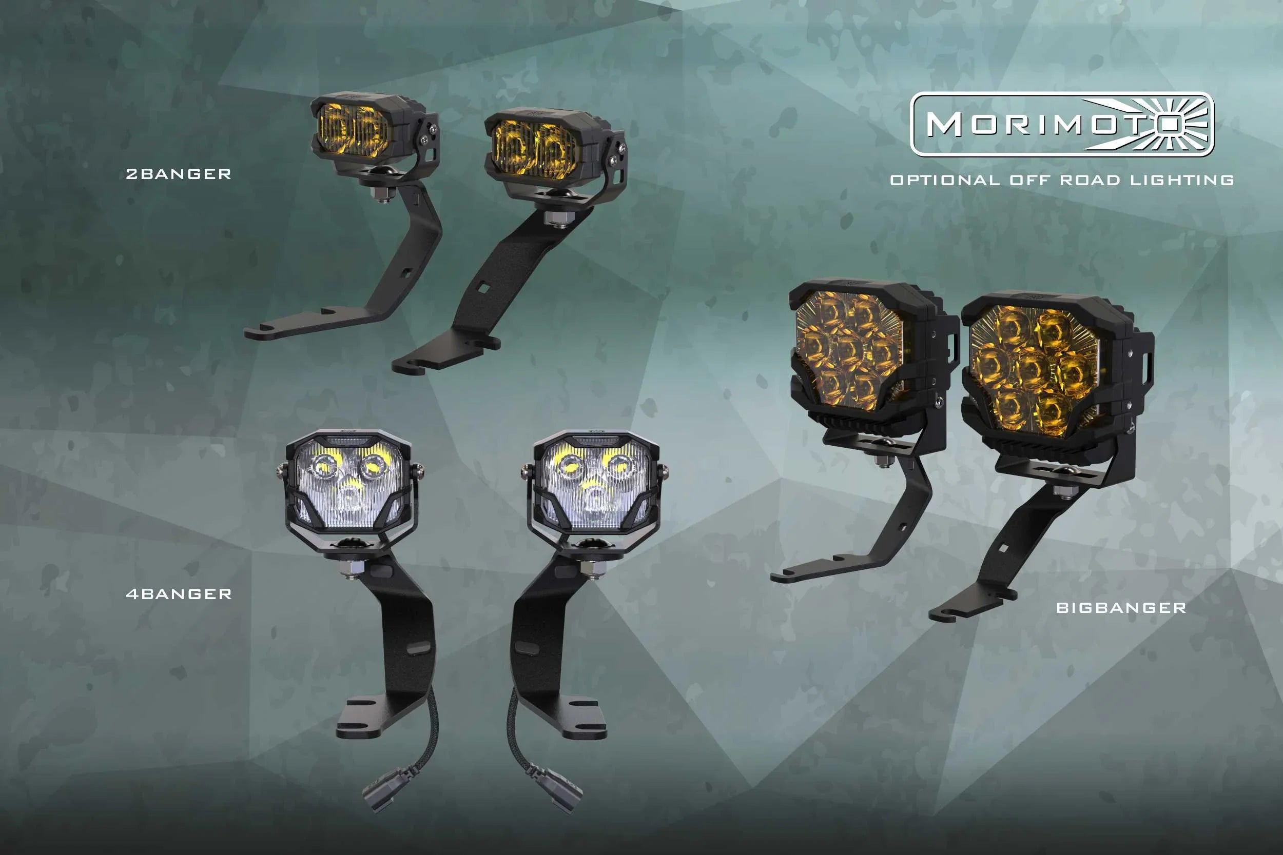 Morimoto off-road LED lights, including 2Banger, 4Banger, and BigBanger models on mounts.