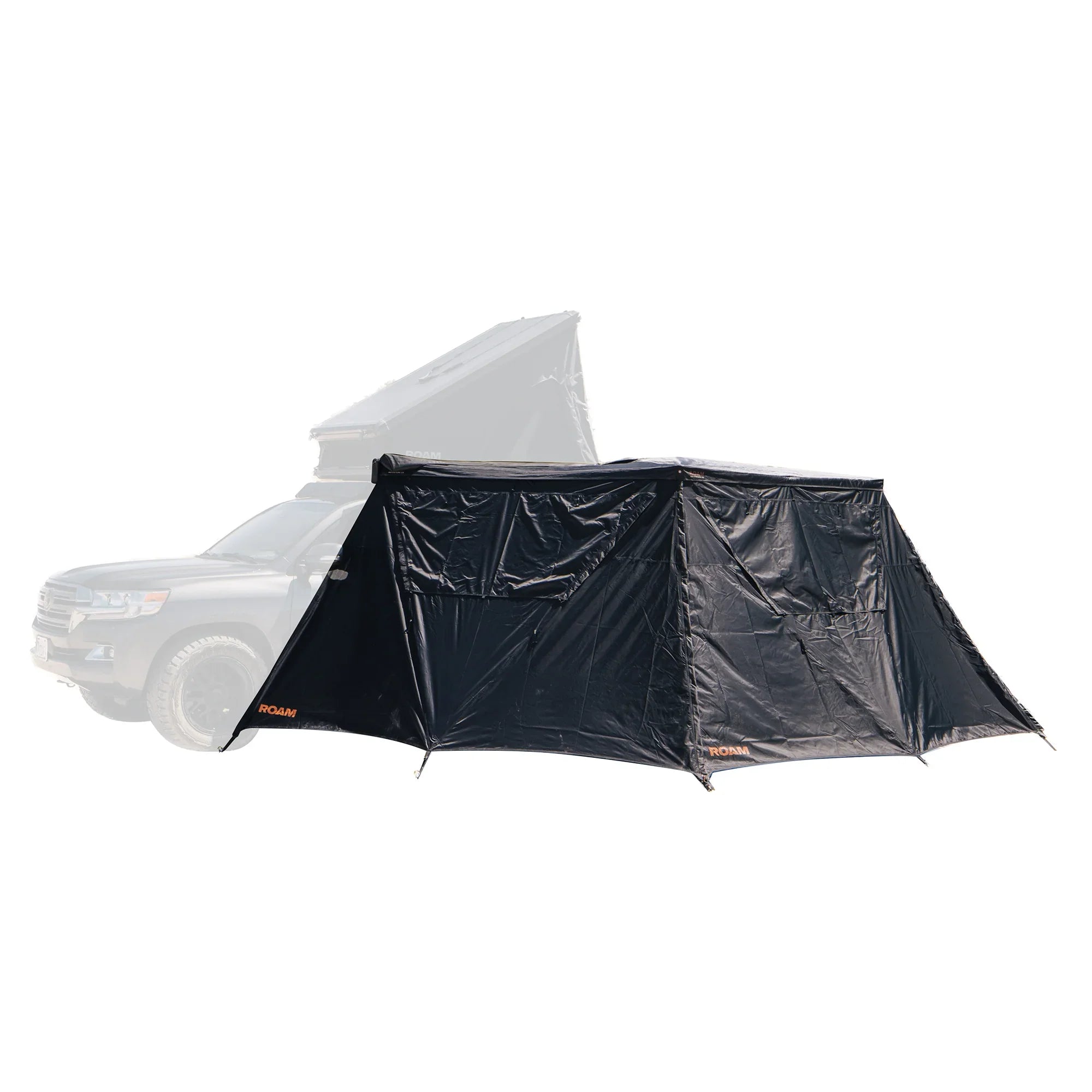 Black overland vehicle awning room tent attachment for camping and expedition gear