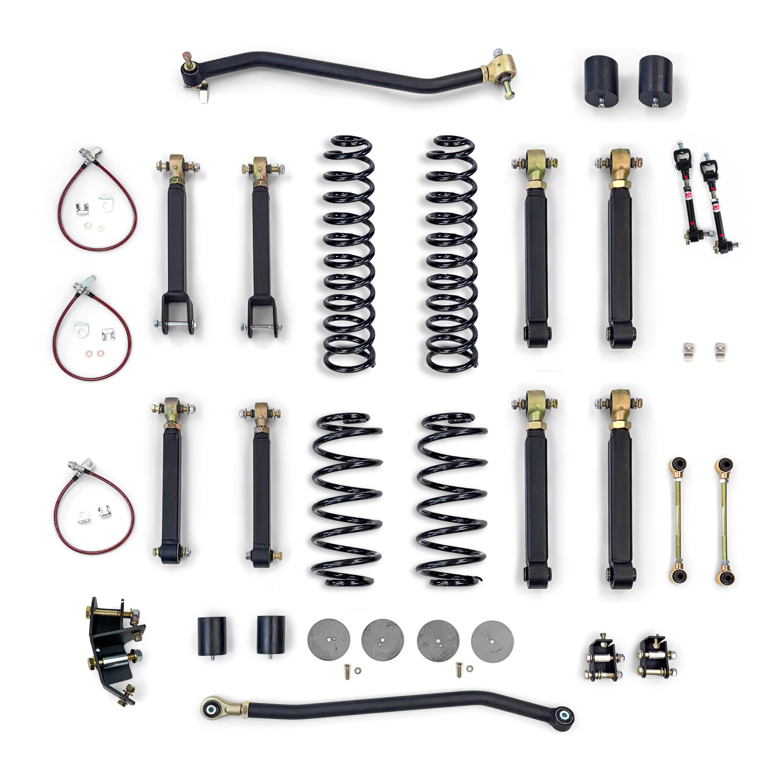 Jeep Wrangler complete suspension lift kit with springs, control arms, brackets and hardware.