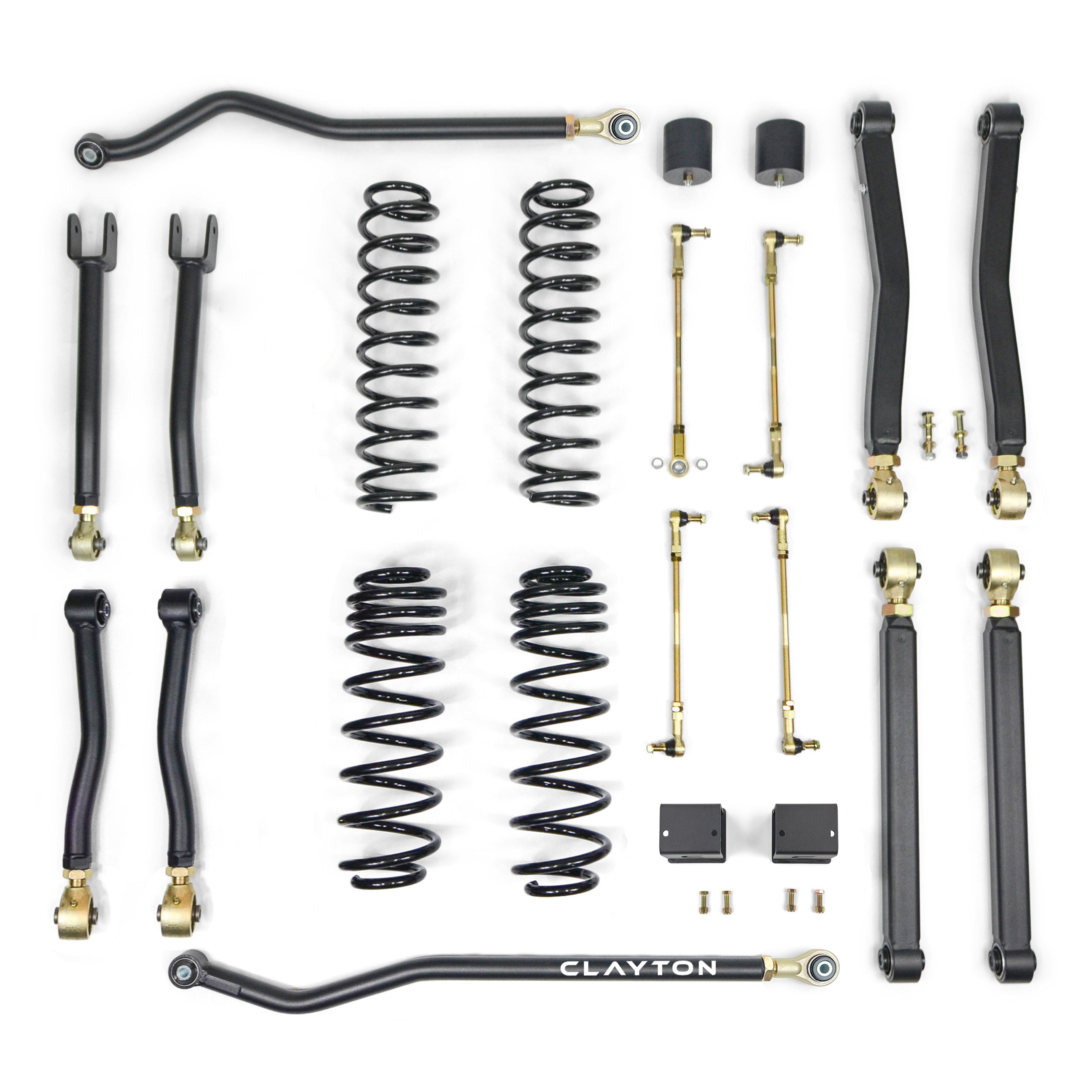Jeep Wrangler suspension lift kit with coil springs, control arms, sway bar links, and bushings