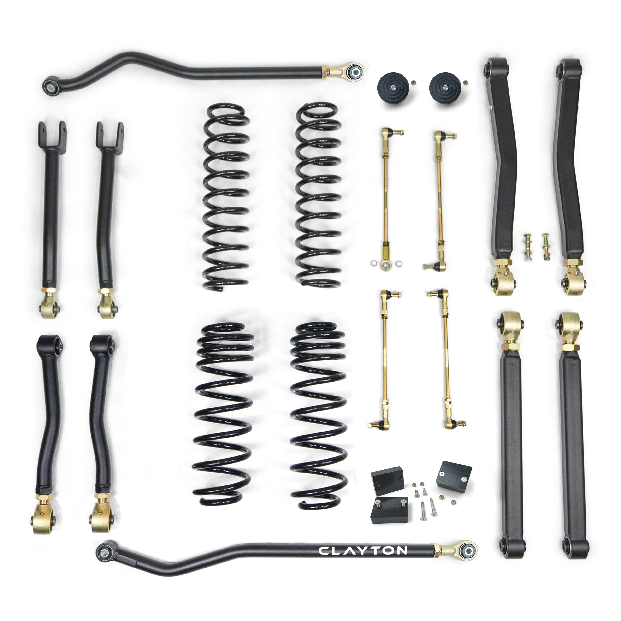 Suspension lift kit with control arms, coil springs, sway bar links, and hardware for off-road vehicle