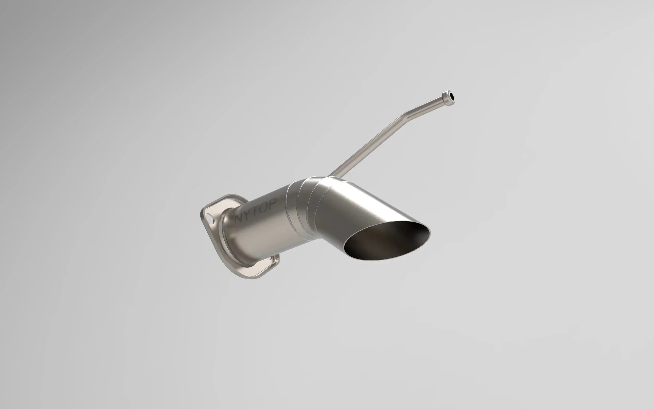 Stainless steel exhaust tip for Toyota or Jeep overlanding vehicles on grey background