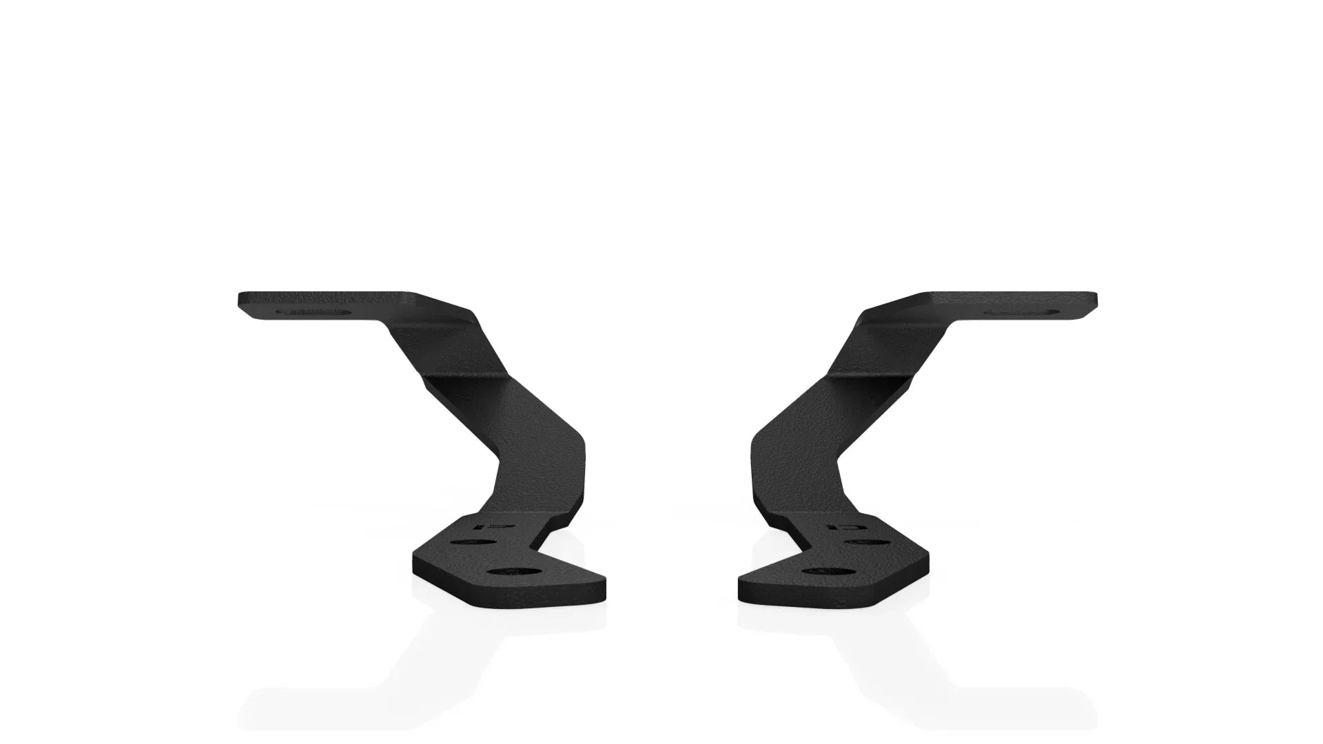 Pair of black metal mounting brackets for overlanding vehicle accessories on white background