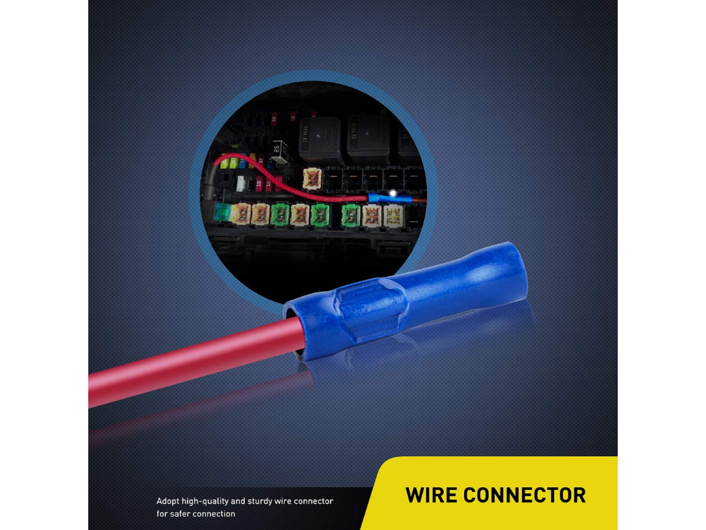 Blue automotive wire connector for overlanding vehicles with fuse box detail, electrical accessory