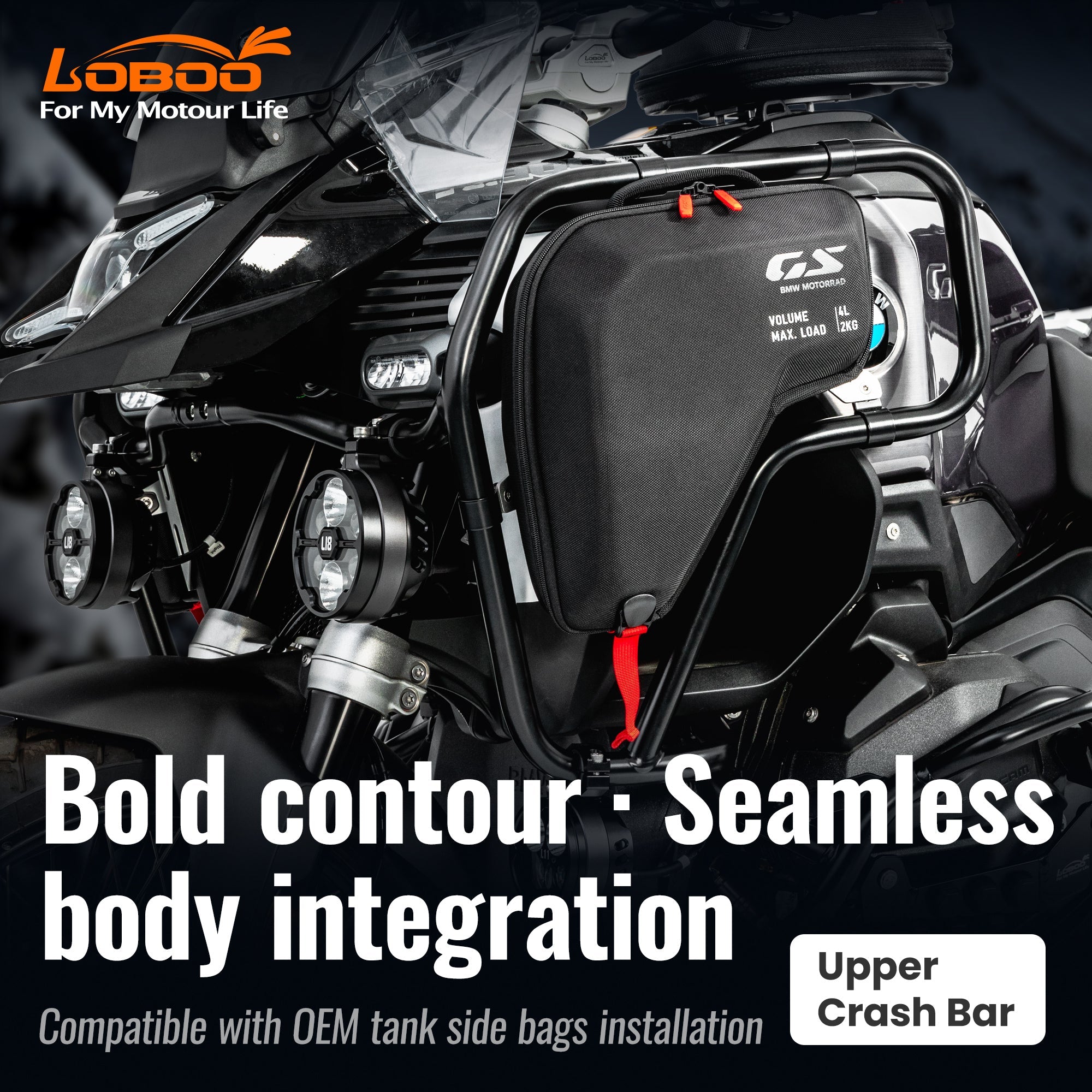 LOBOO Upper Crash Bar for BMW R1300GS Adventure (2024-on) – 304 Stainless Steel, Multi-Point Support, Silver / Black Finish