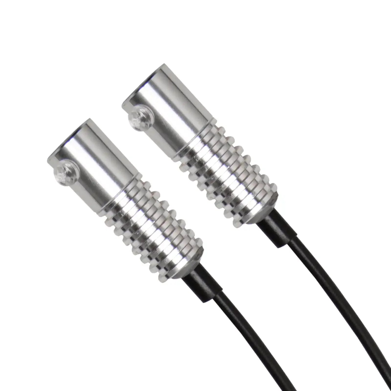Pair of silver aluminum LED rock lights with cables for off-road vehicles