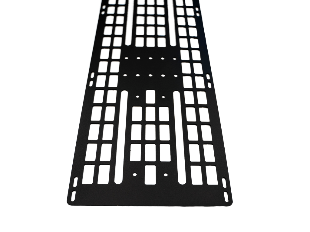 Black steel molle panel for overlanding vehicle storage and gear organization