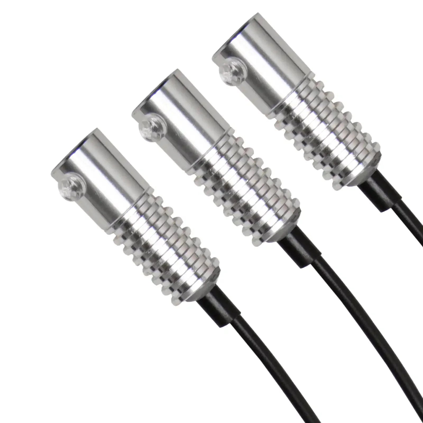 Three silver LED rock lights with black wiring for off-road or overland vehicles