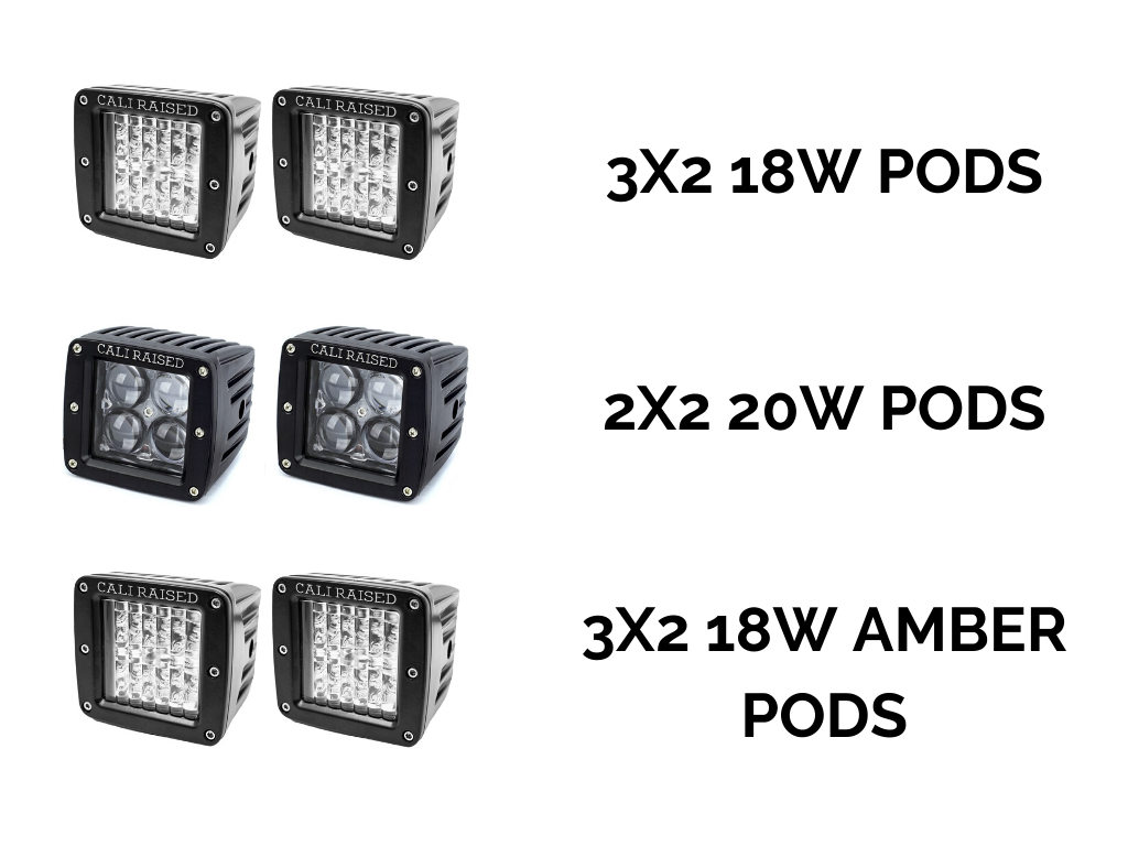 Three pairs of Cali Raised LED light pods labeled 3x2 18W, 2x2 20W, and 3x2 18W amber pods