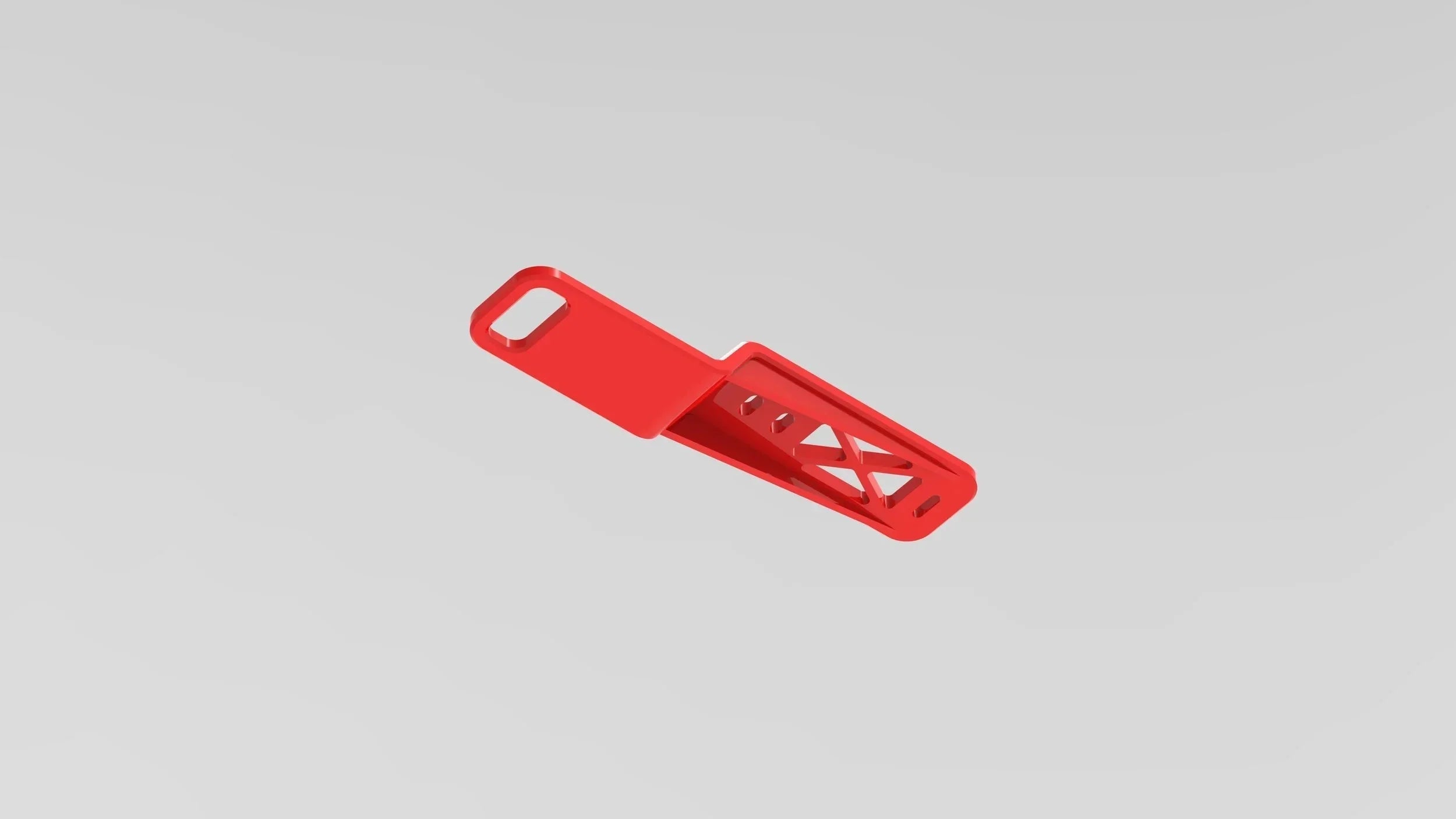 Red metal vehicle accessory mount bracket with cutout design, isolated on white background