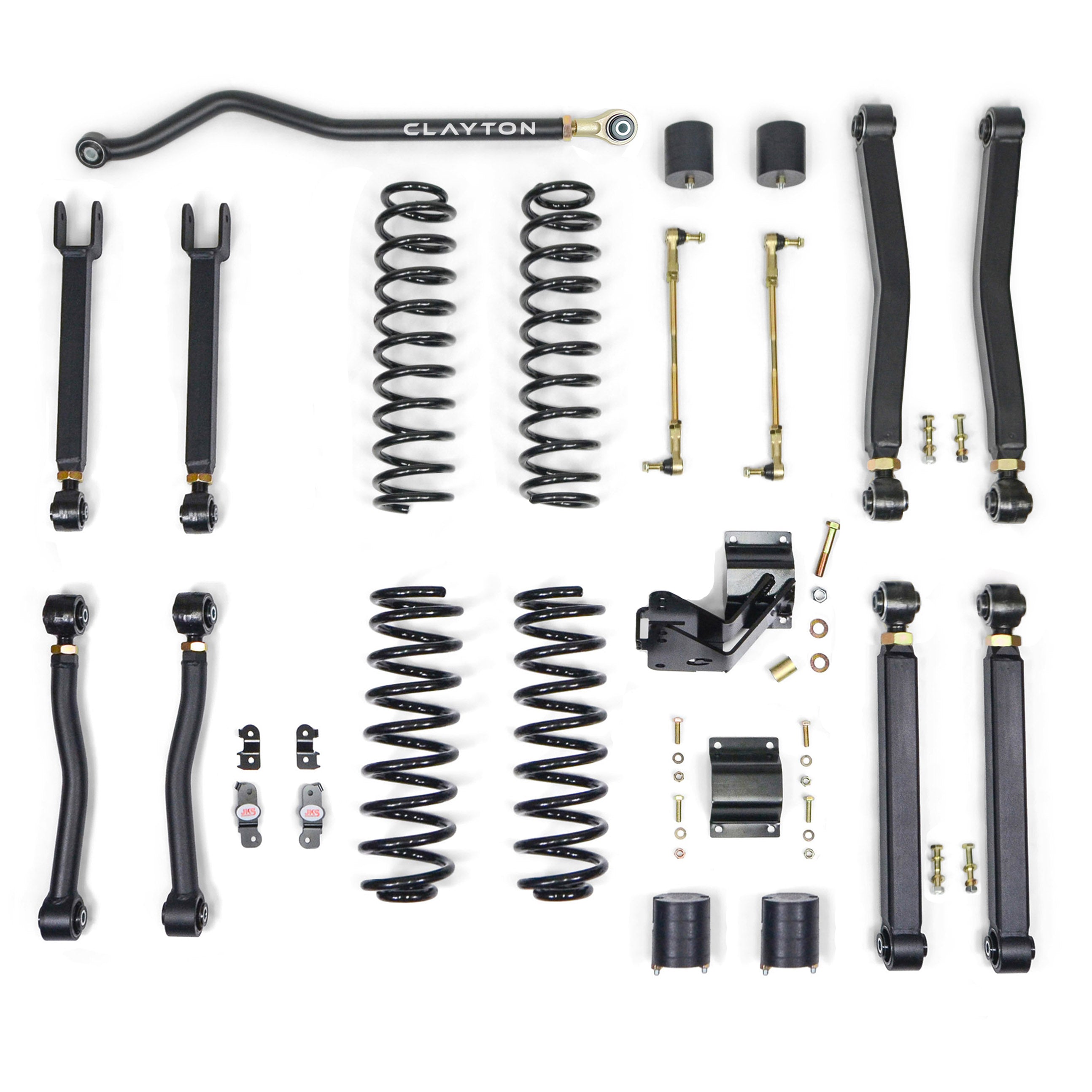 Complete Jeep Wrangler suspension lift kit with control arms, springs, sway bar links, hardware
