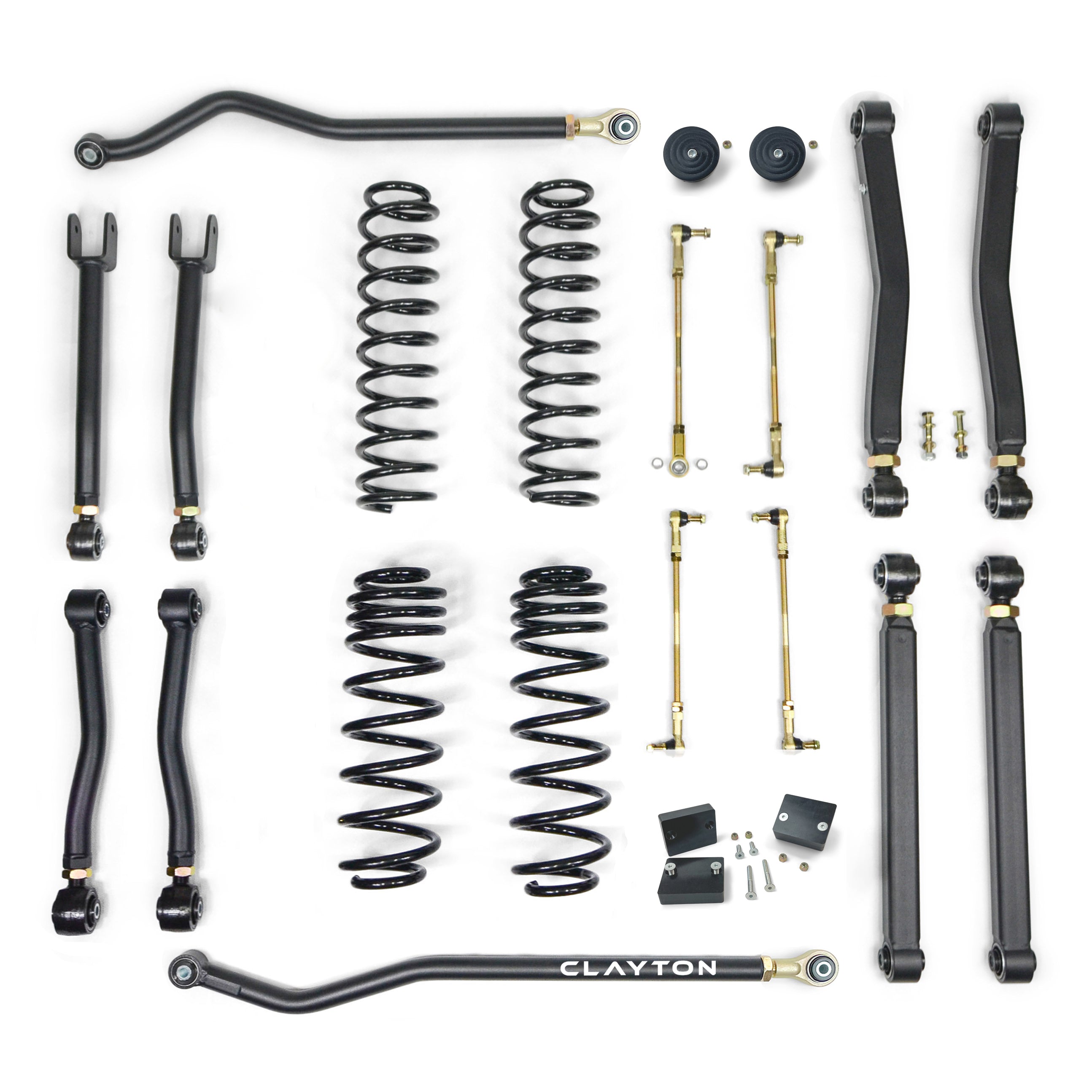 Jeep suspension lift kit with control arms, coil springs, sway bar links, and hardware for off-road vehicles.